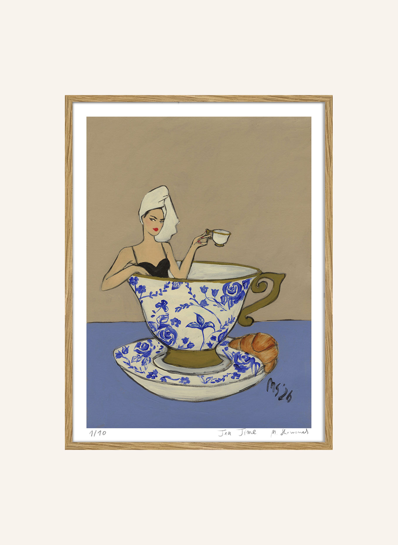 MARTAS ILLUSTRATION Limited-Edition "TEA TIME" Artwork with Frame: ECRU
