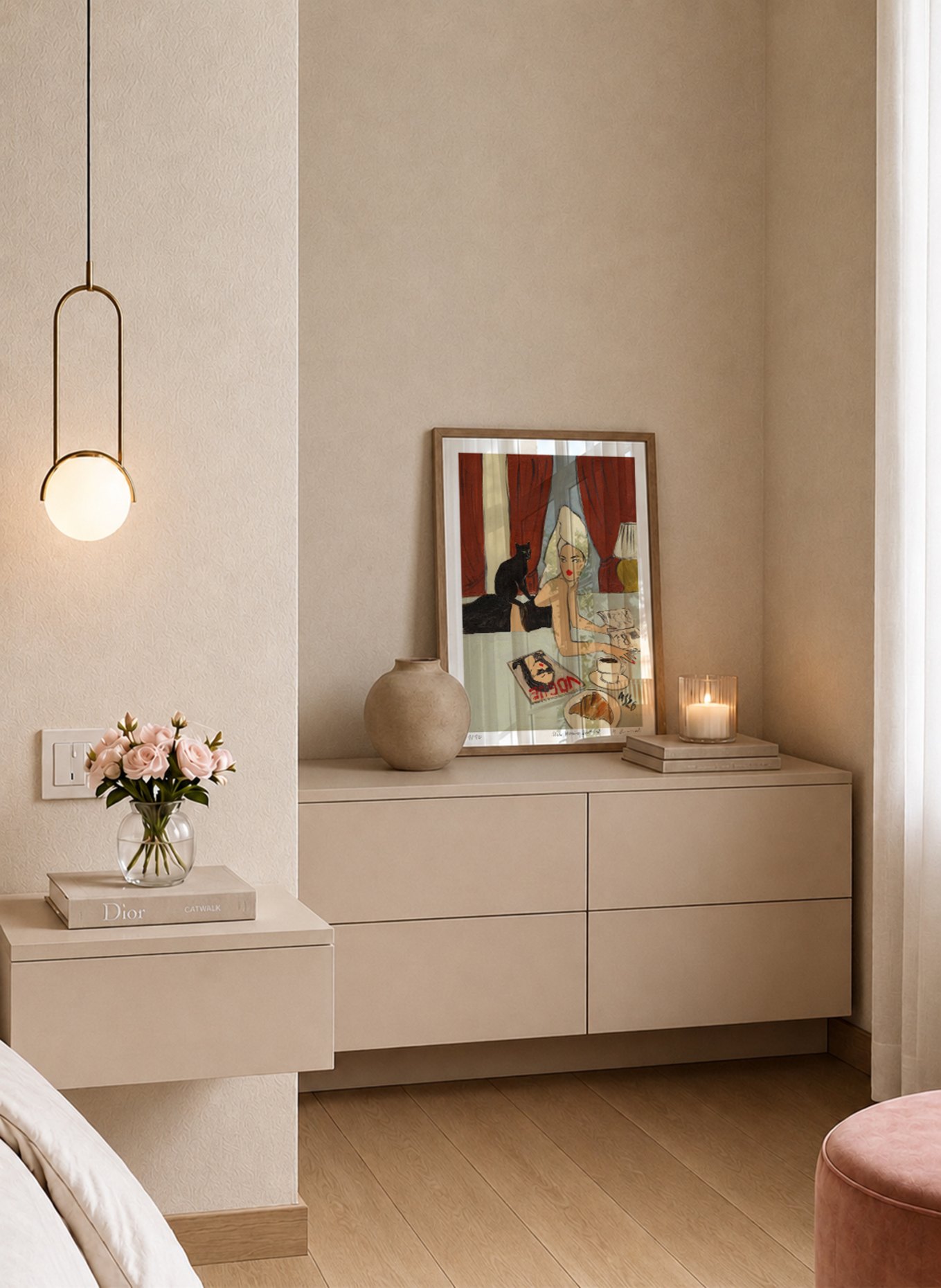MARTAS ILLUSTRATION Limited-Edition Artwork "SLOW MORNING, LOUD CAT" with Frame: ECRU