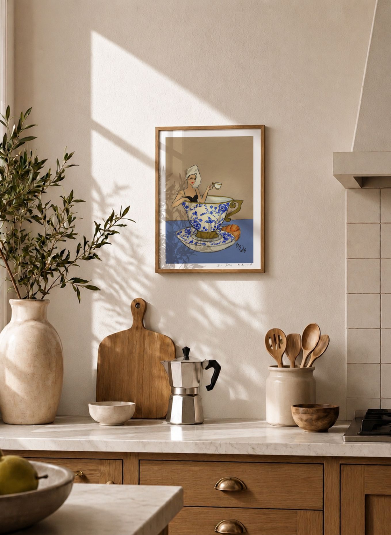 MARTAS ILLUSTRATION Limited-Edition "TEA TIME" Artwork with Frame: ECRU