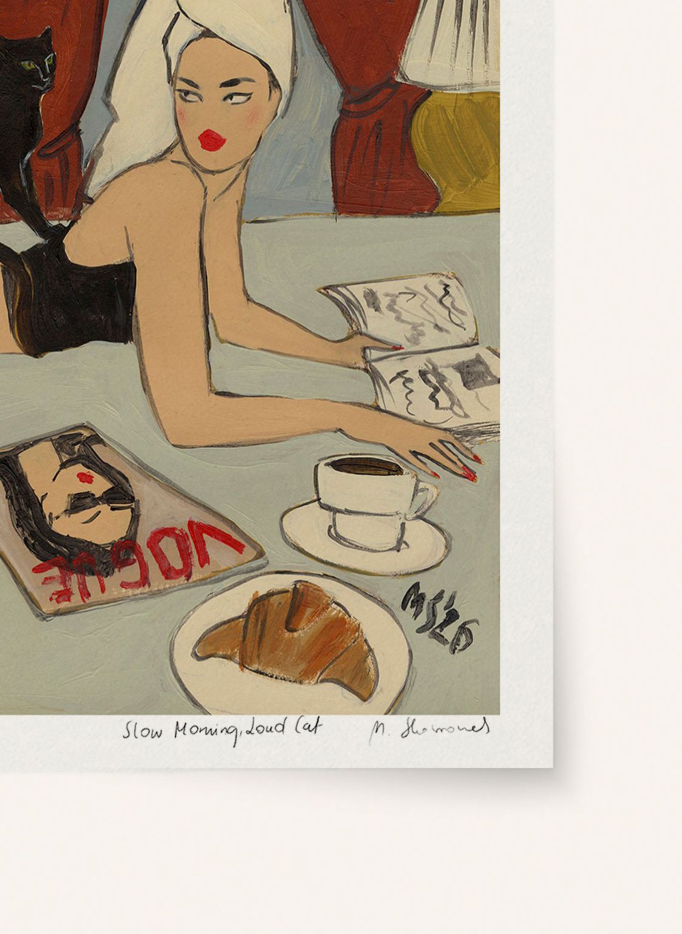 MARTAS ILLUSTRATION Limited-Edition Artwork "SLOW MORNING, LOUD CAT" with Frame: ECRU