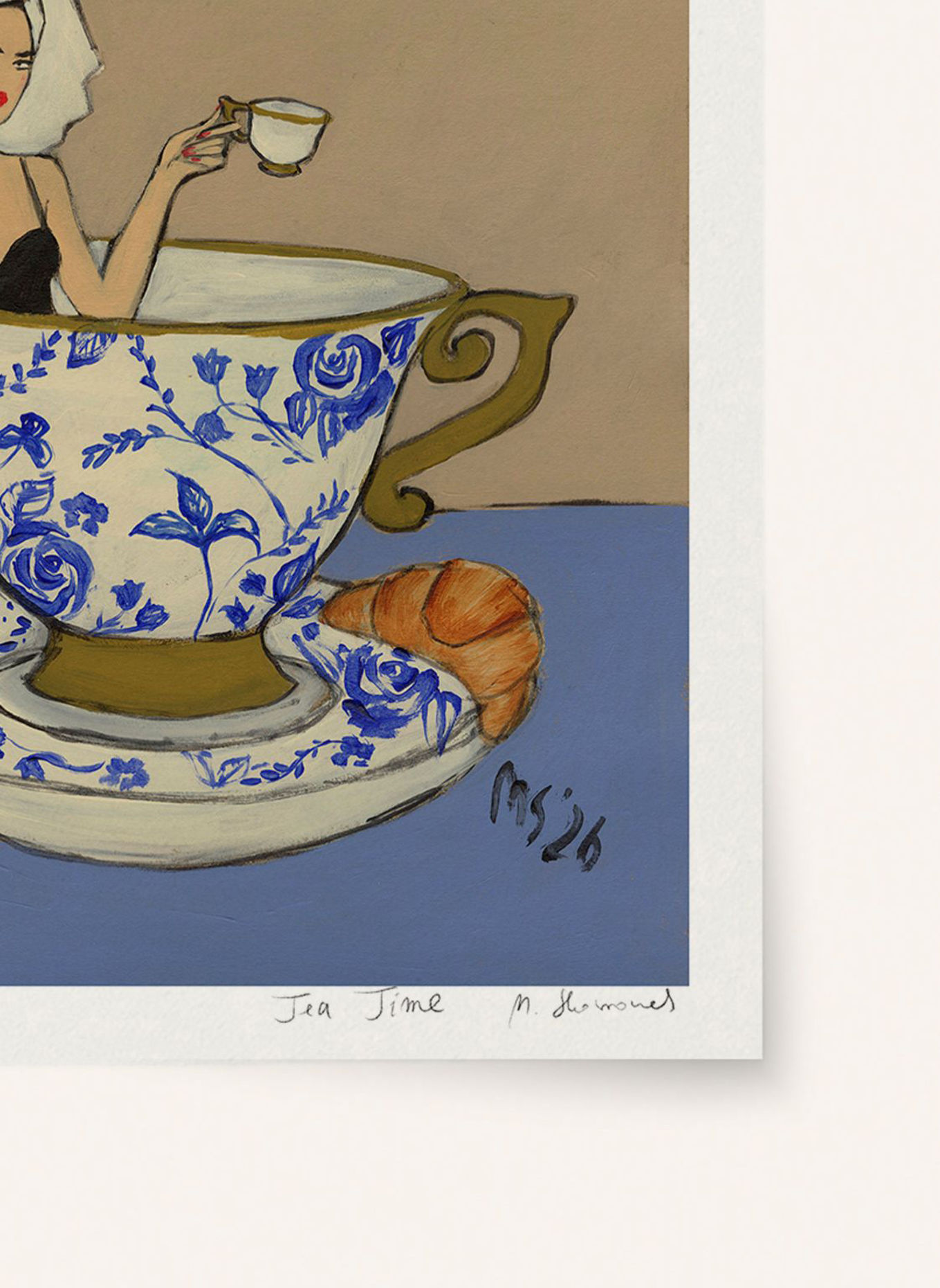 MARTAS ILLUSTRATION Limited-Edition "TEA TIME" Artwork with Frame: ECRU