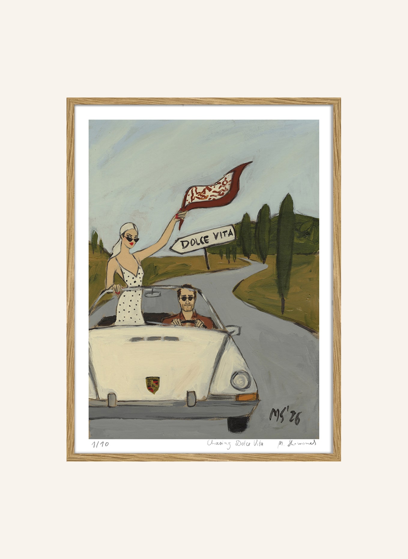 MARTAS ILLUSTRATION Limited-Edition Artwork "CHASING DOLCE VITA" with Frame: ECRU
