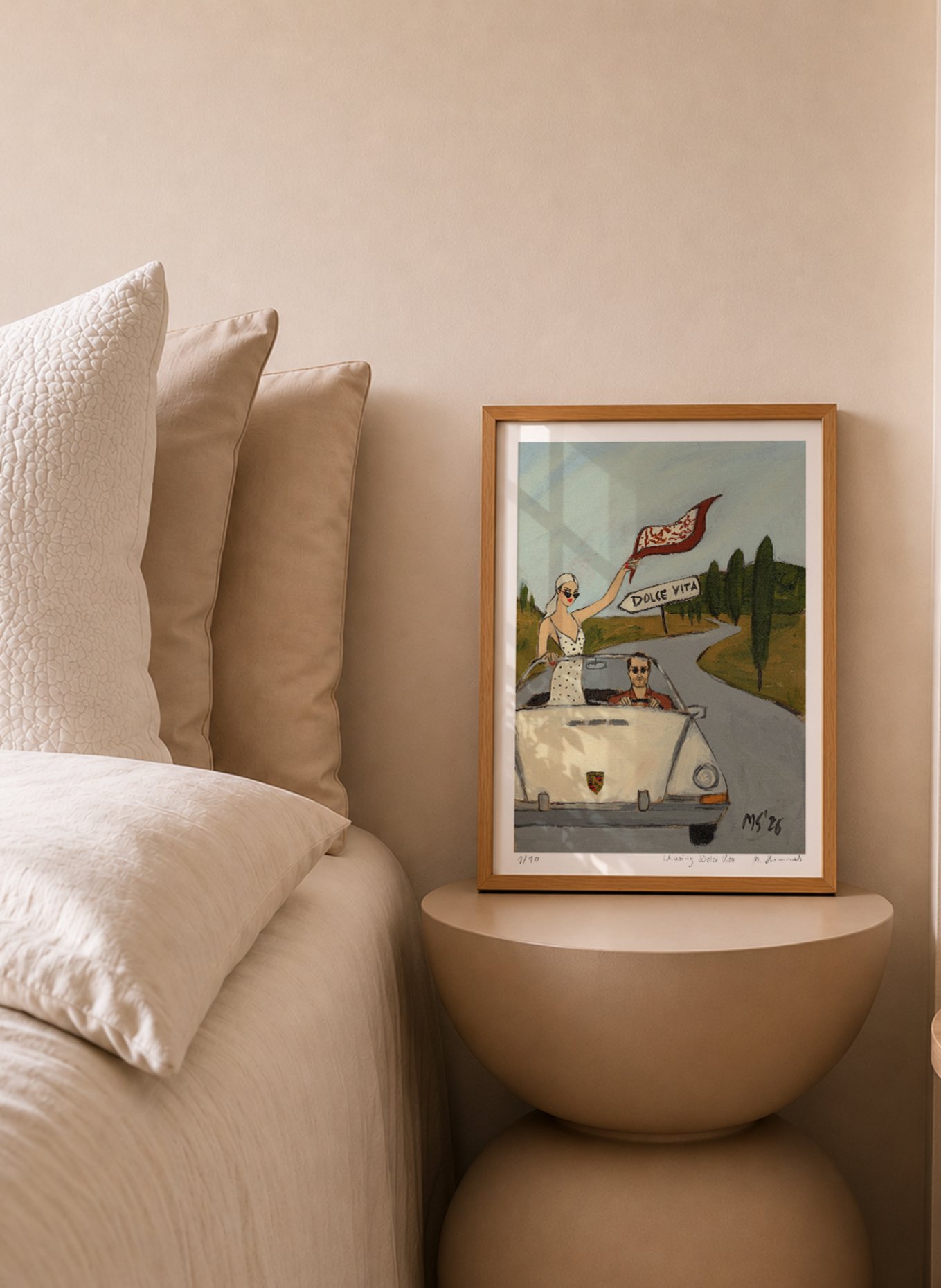 MARTAS ILLUSTRATION Limited-Edition Artwork "CHASING DOLCE VITA" with Frame: ECRU