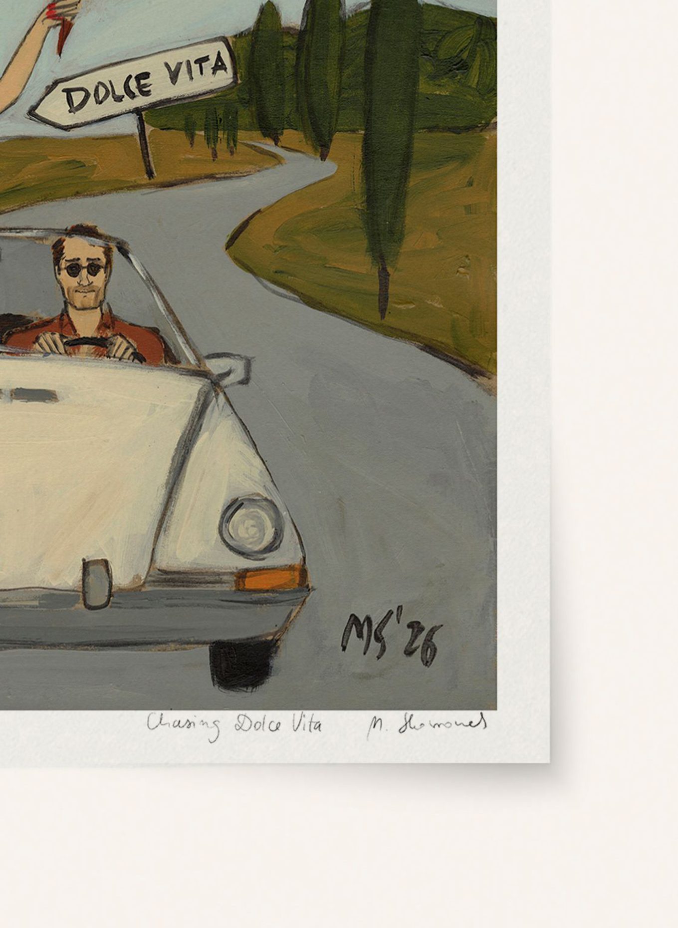 MARTAS ILLUSTRATION Limited-Edition Artwork "CHASING DOLCE VITA" with Frame: ECRU