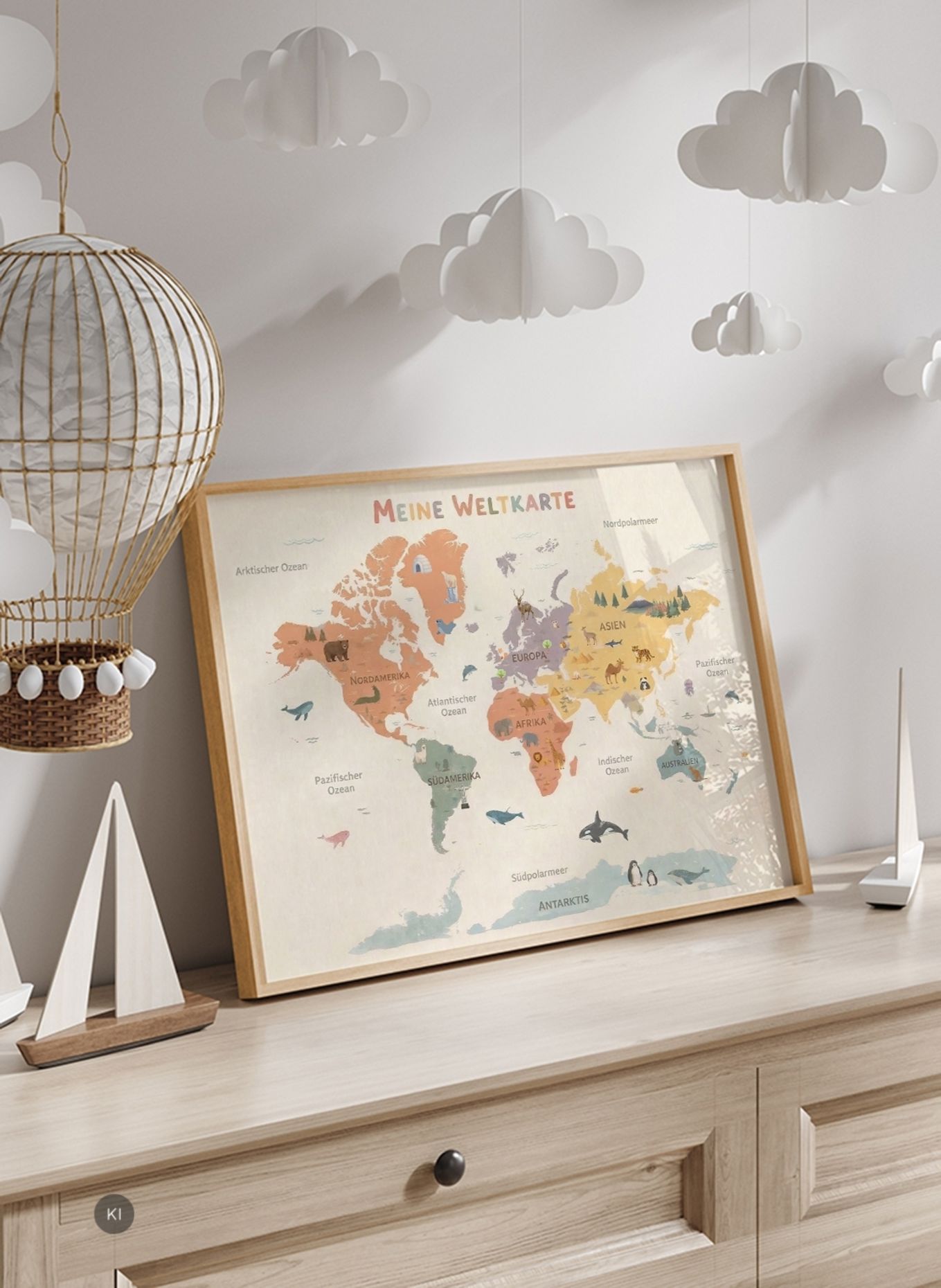 Milan Moon Wandbild MEINE WELTKARTE mit Rahmen: ECRU