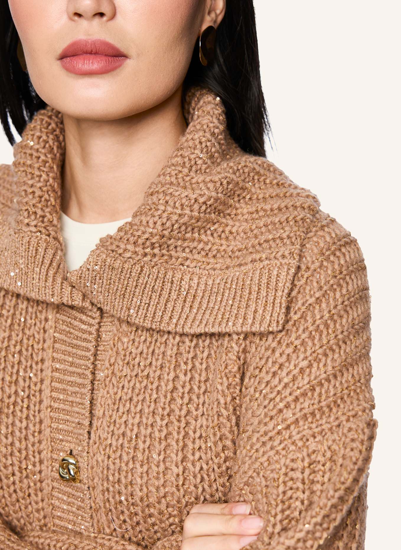 MARC CAIN Oversized-Strickjacke mit Cashmere und Pailletten: CAMEL/ BRAUN