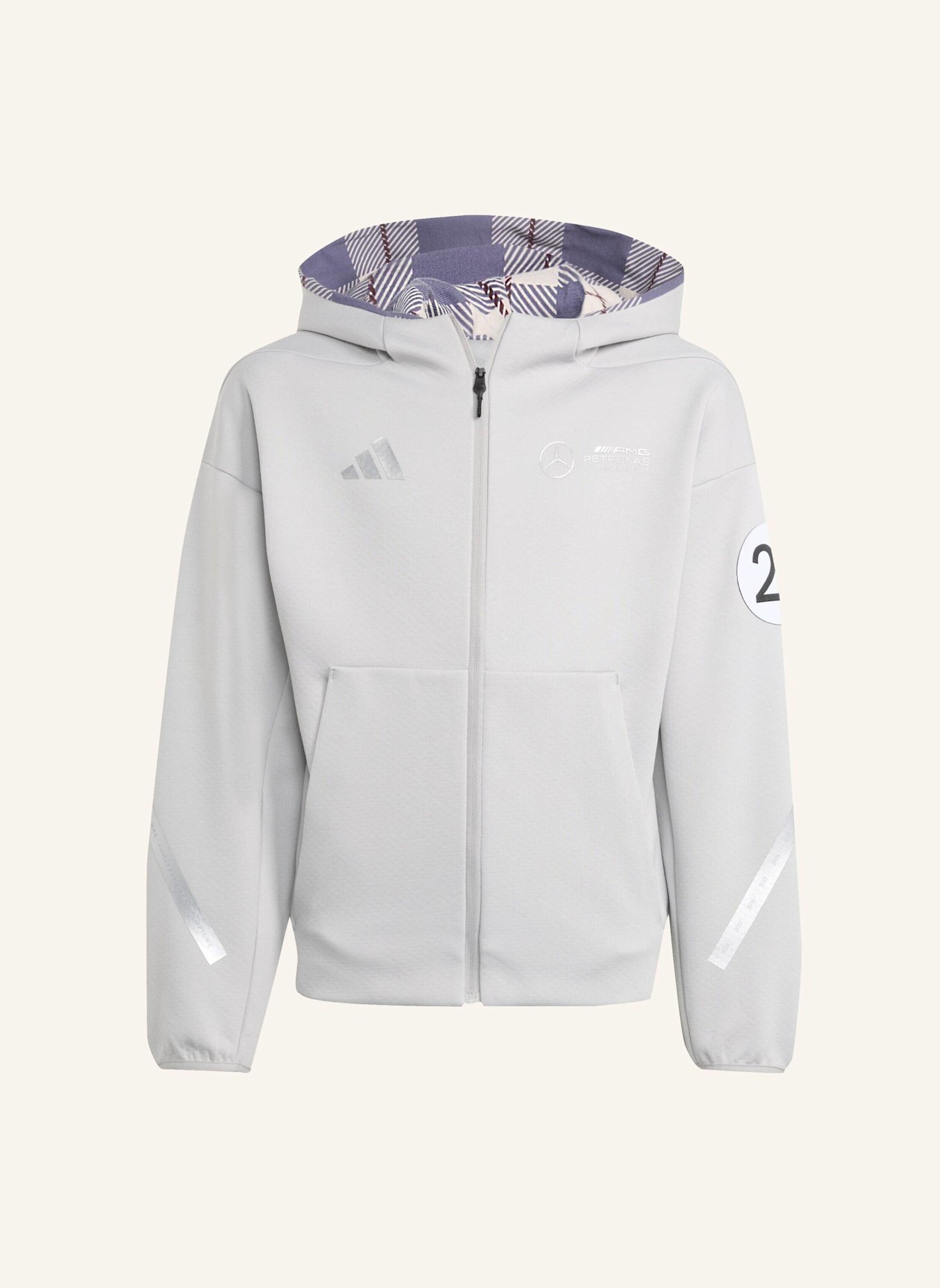 adidas MERCEDES-AMG PETRONAS FORMULA ONE TEAM SILVER ARROWS KIDS TRAININGSJACKE MIT KAPUZE UND DURCHGEHENDEM REISSVERSCHLUSS: GRAU