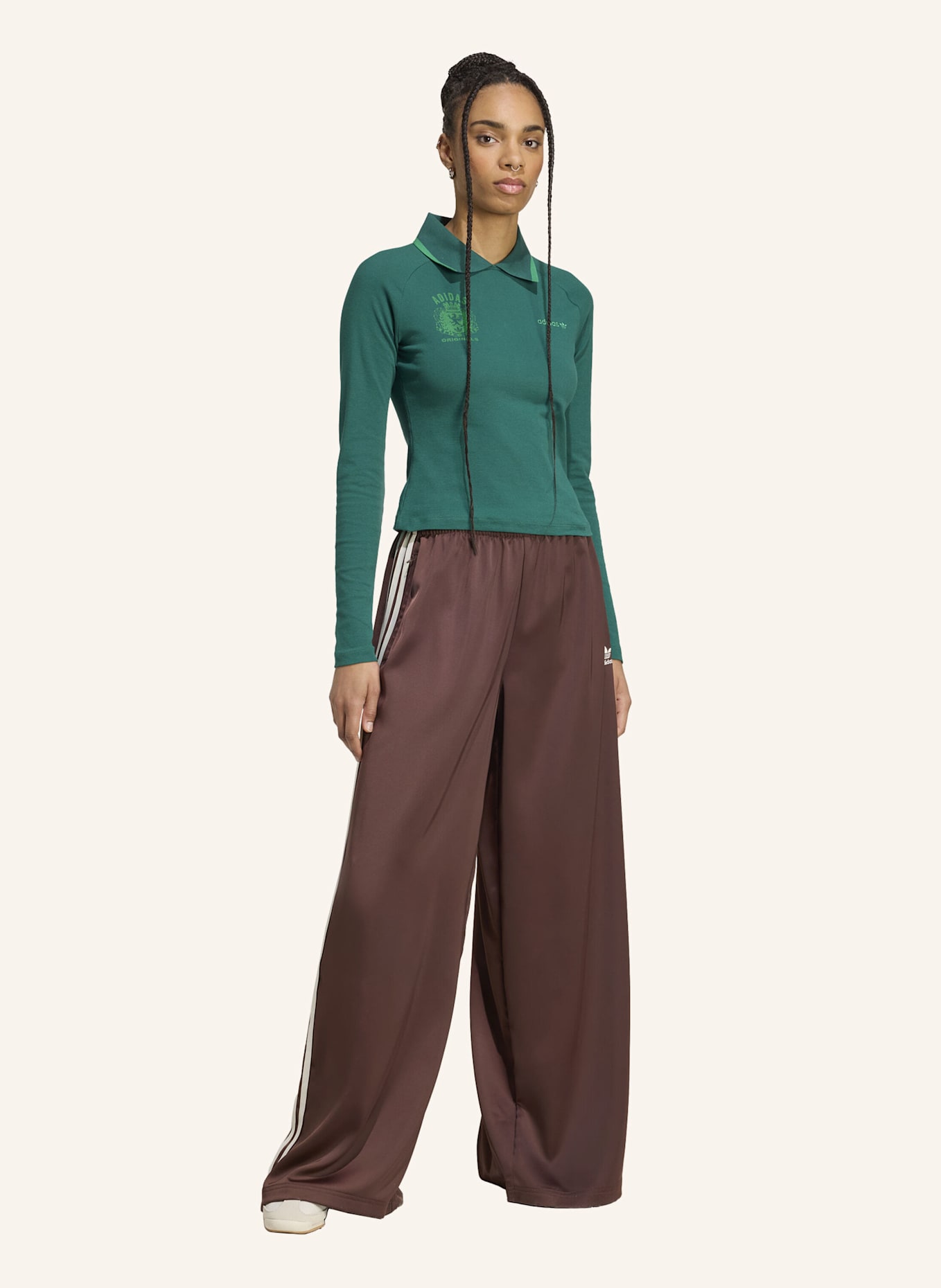 adidas Originals Track Pants ADICOLOR SATIN WIDE LEG: BRAUN/ WEISS