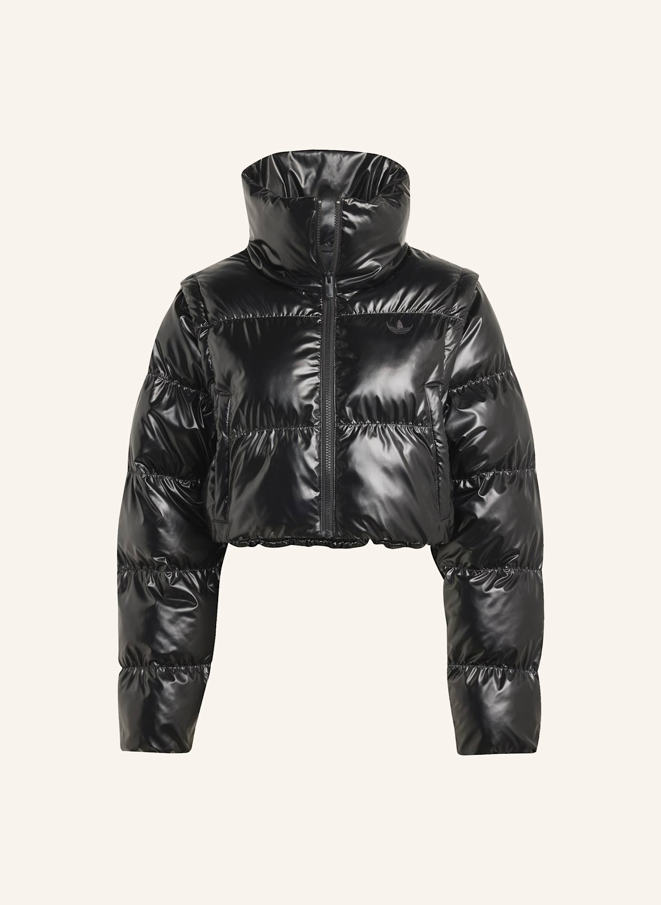adidas Originals ESSENTIALS GLÄNZENDE 2-IN-1 KÜRZER GESCHNITTENE PUFFER JACKE: SCHWARZ