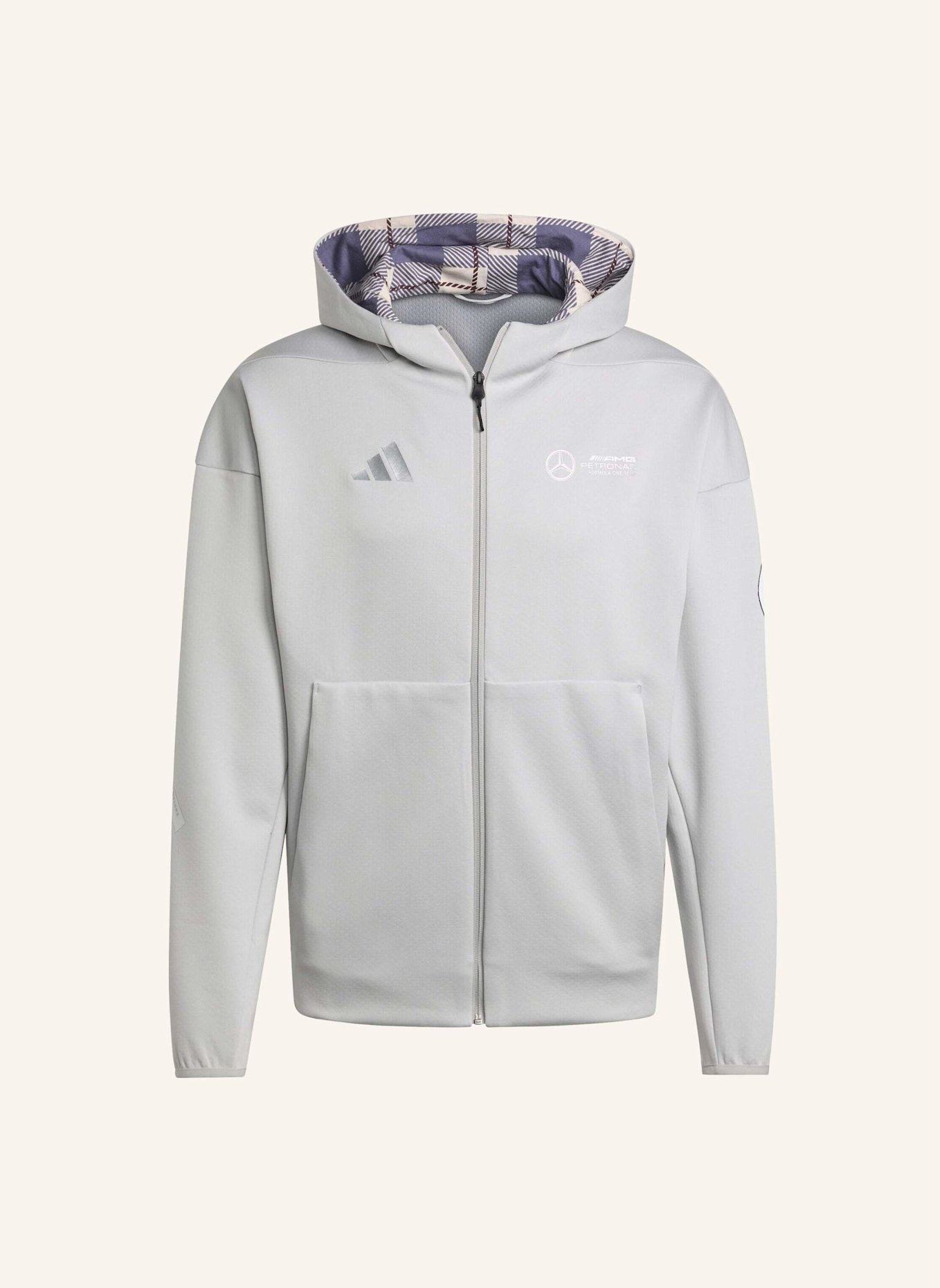 adidas MERCEDES-AMG PETRONAS FORMULA ONE TEAM SILVER ARROWS TRAININGSJACKE MIT KAPUZE UND DURCHGEHENDEM REISSVERSCHLUSS: GRAU