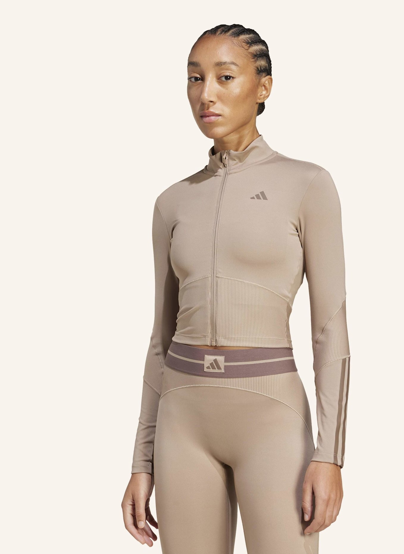 adidas HYPERGLAM RIB ZIP THRU COVER UP: BRAUN