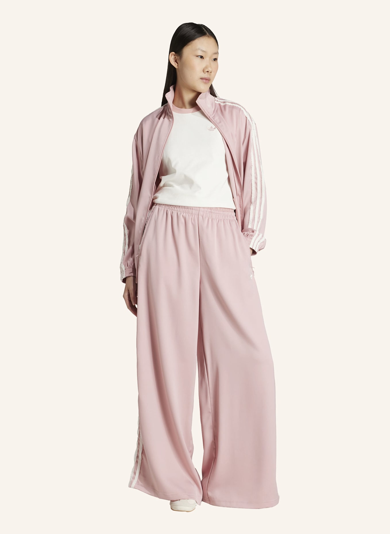 adidas Originals ADIDAS ORIGINALS SATIN WIDE LEG HOSE MIT RÜSCHEN 3-STREIFEN: ROSA
