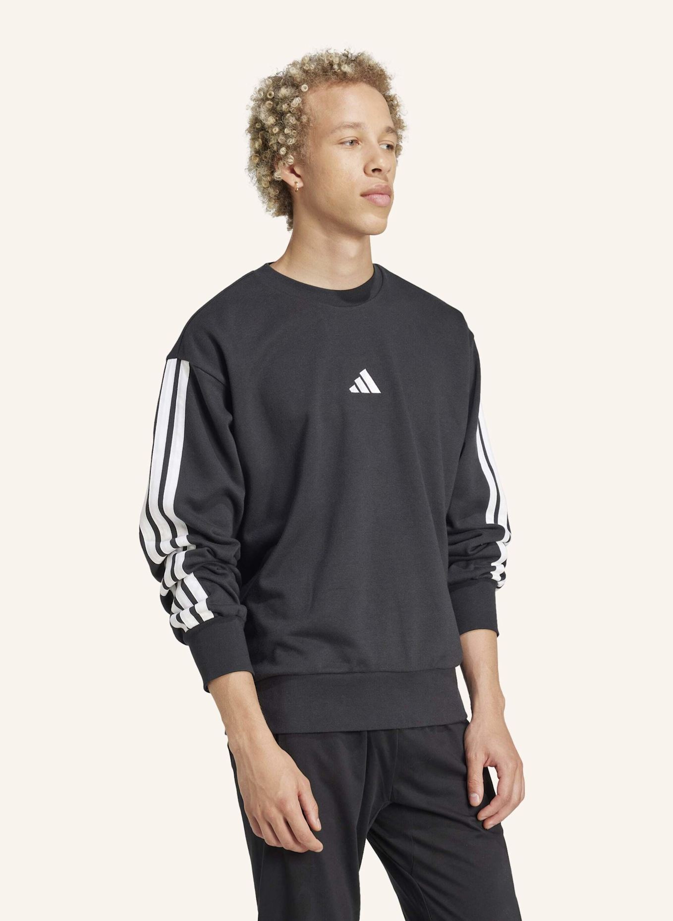 adidas ESSENTIALS 3-STREIFEN FRENCH TERRY SWEATSHIRT: SCHWARZ/ WEISS