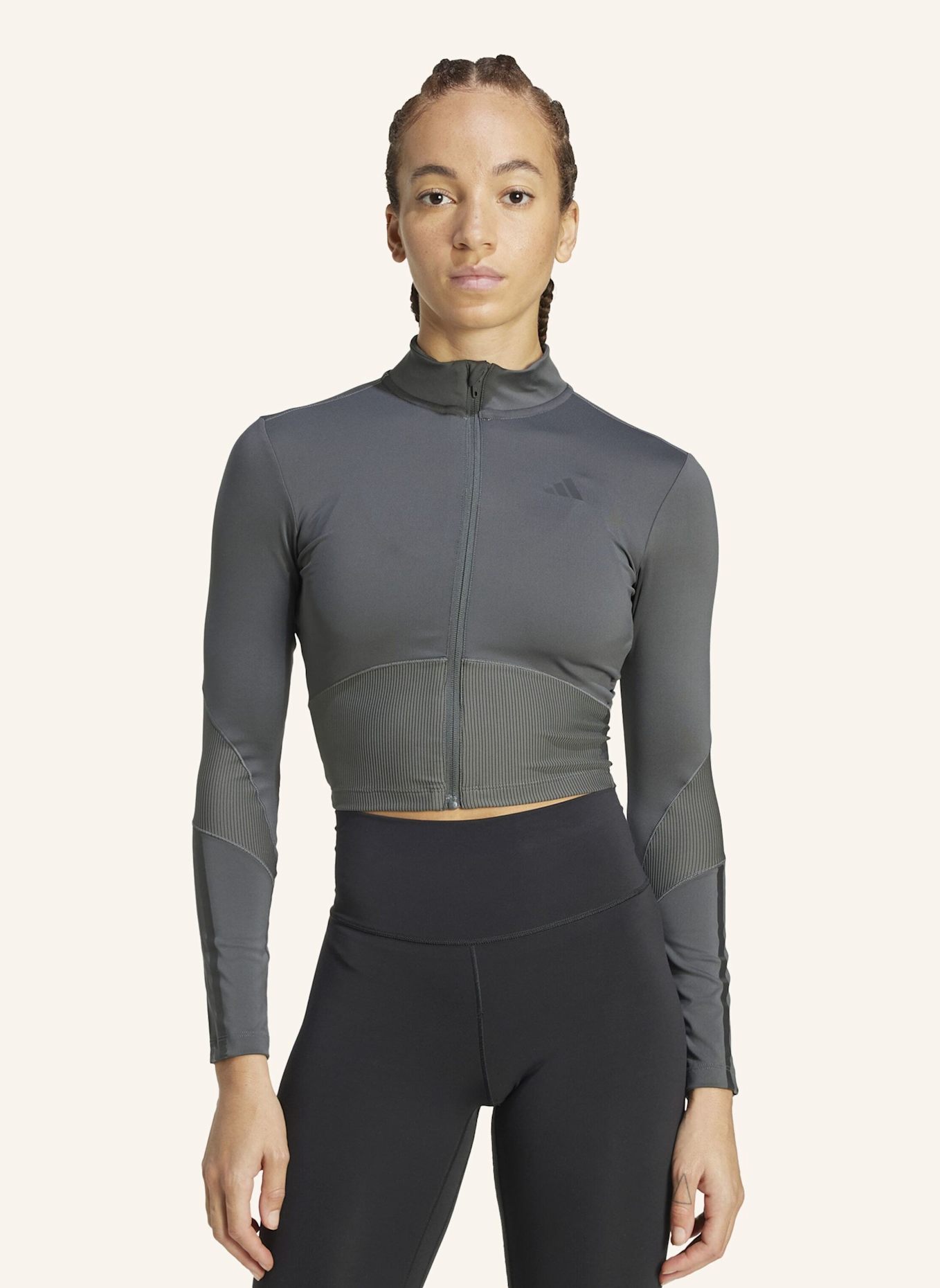 adidas HYPERGLAM RIB ZIP THRU COVER UP: GRAU/ SCHWARZ