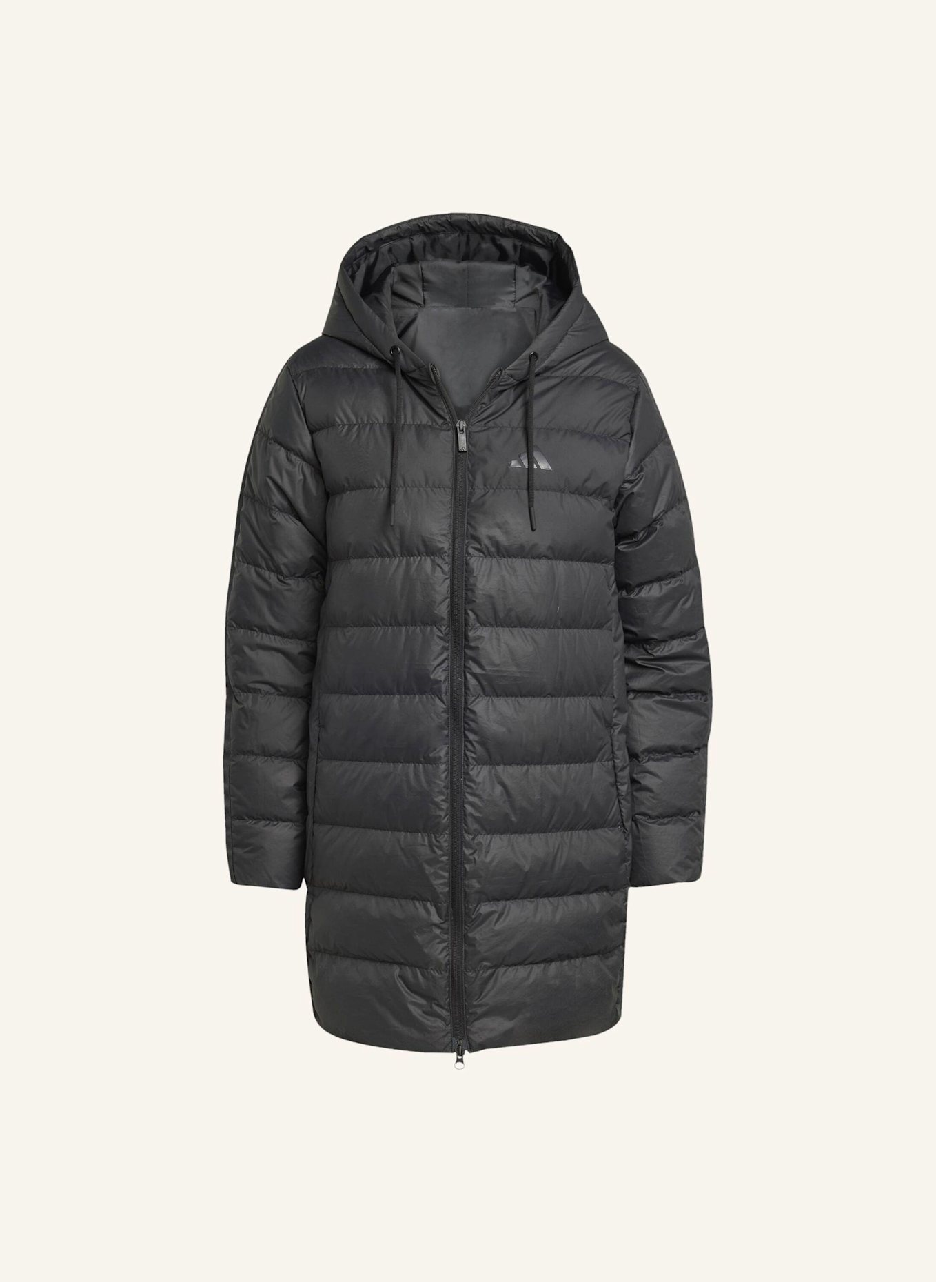 adidas ESSENTIALS CLIMAWARM 3-STREIFEN LIGHT DAUNENPARKA MIT KAPUZE: SCHWARZ