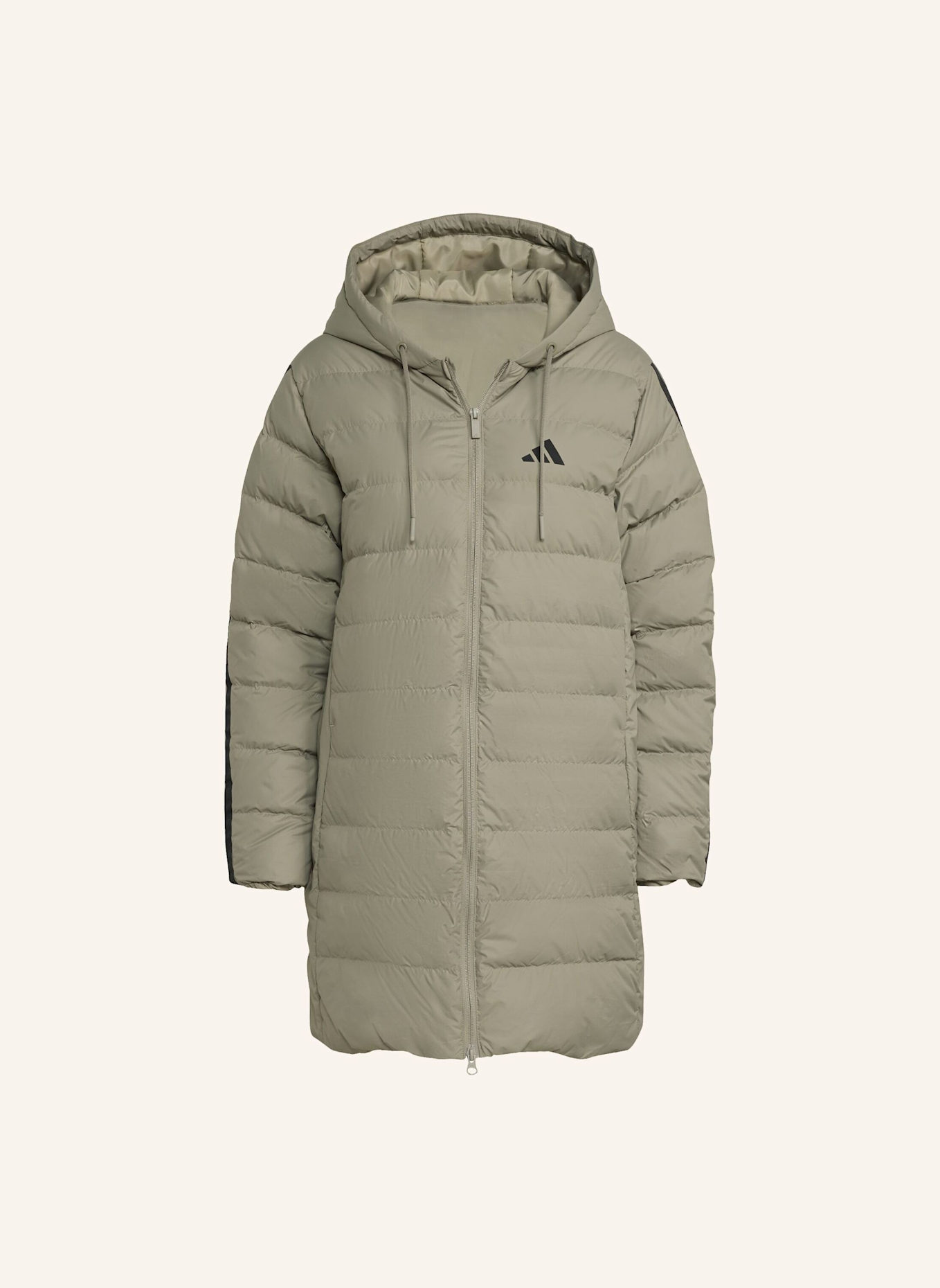 adidas ESSENTIALS CLIMAWARM 3-STREIFEN LIGHT DAUNENPARKA MIT KAPUZE: SILBER