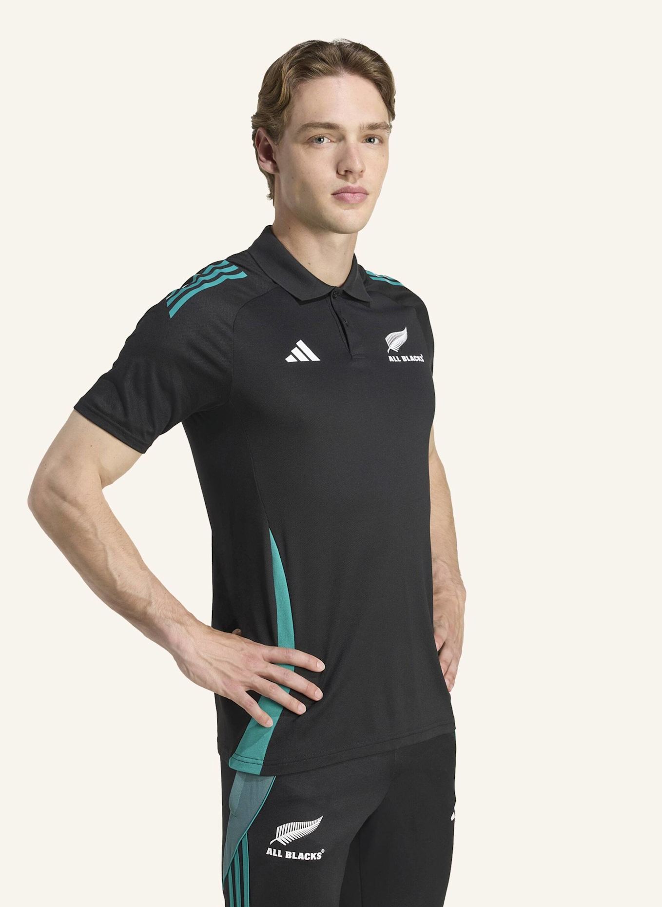 adidas ALL BLACKS TRAINING POLOSHIRT: SCHWARZ/ TÜRKIS
