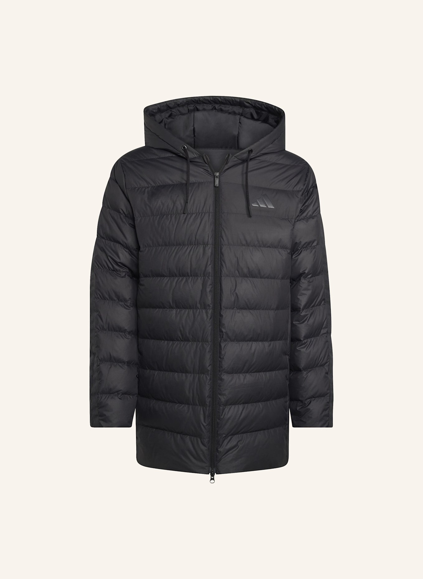 adidas ESSENTIALS CLIMAWARM 3-STREIFEN LIGHT DAUNENPARKA MIT KAPUZE: SCHWARZ