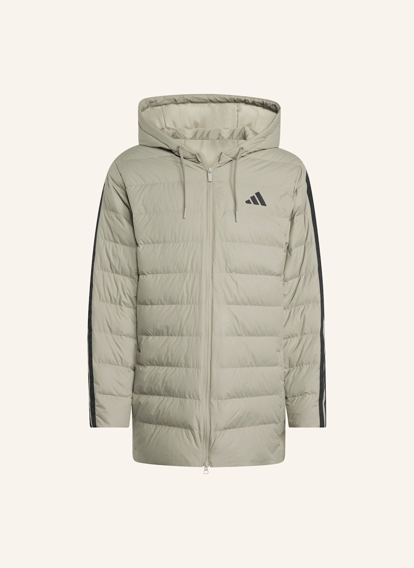 adidas ESSENTIALS CLIMAWARM 3-STREIFEN LIGHT DAUNENPARKA MIT KAPUZE: SILBER