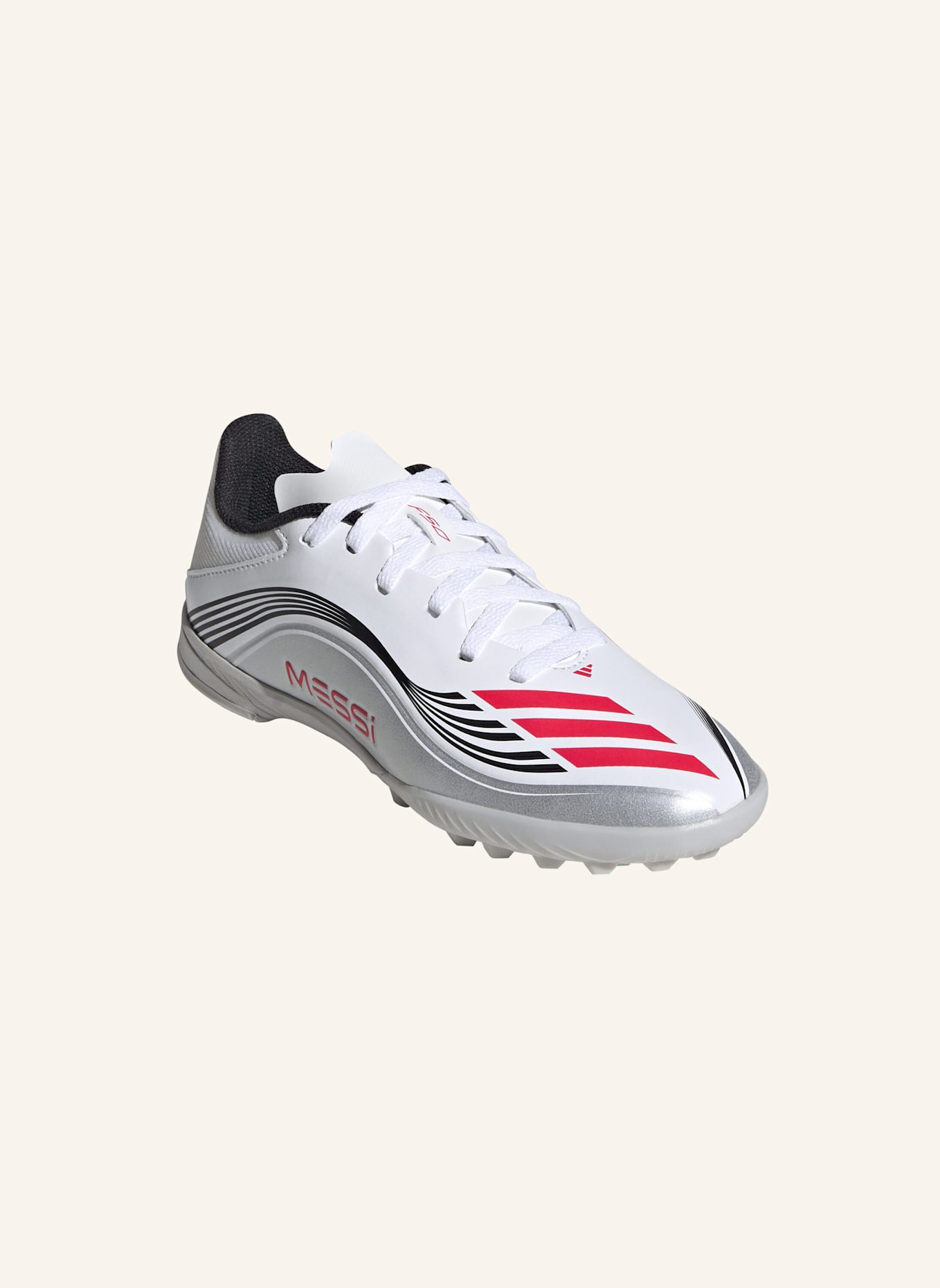 adidas F50 MESSI LEAGUE KIDS TF FUSSBALLSCHUH: WEISS/ ROT/ SILBER
