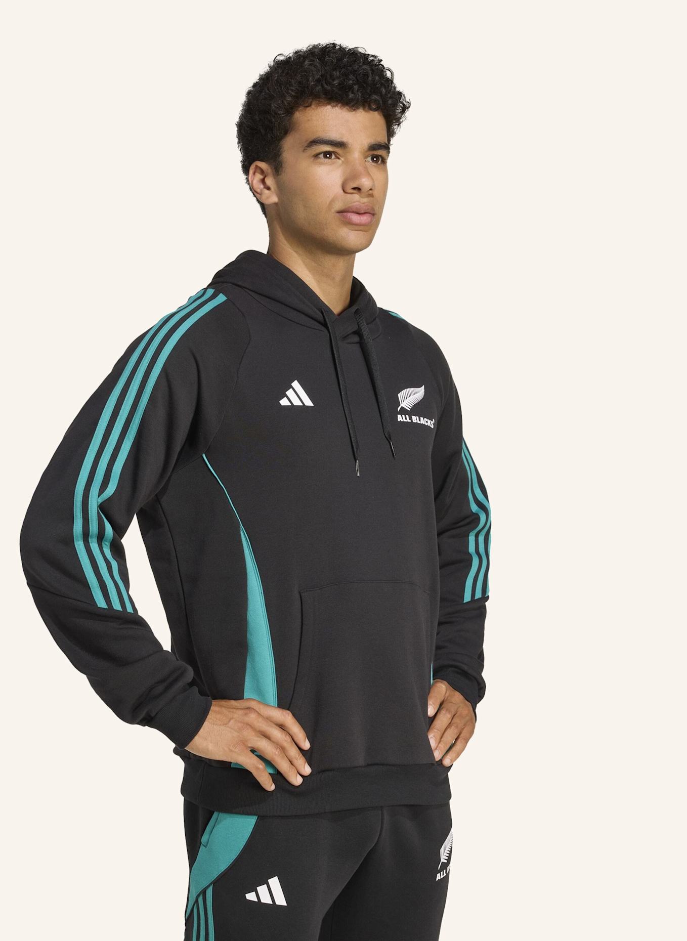 adidas ALL BLACKS KAPUZENJACKE: SCHWARZ/ TÜRKIS