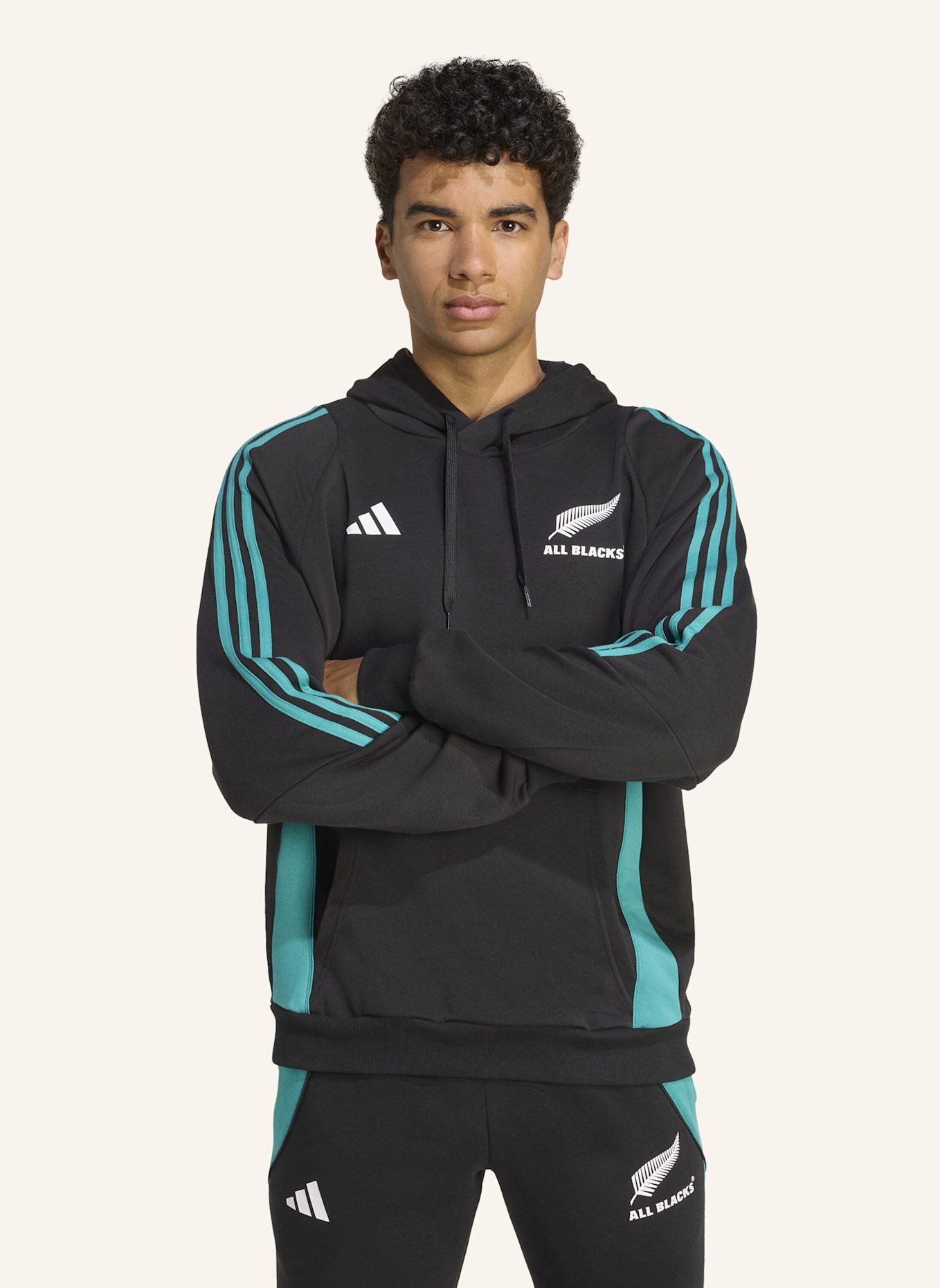 adidas ALL BLACKS KAPUZENJACKE: SCHWARZ/ TÜRKIS