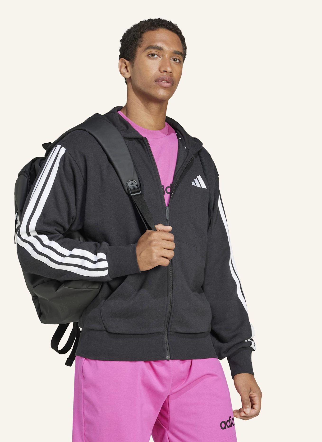 adidas ESSENTIALS 3-STREIFEN FRENCH TERRY KAPUZENJACKE: SCHWARZ/ WEISS