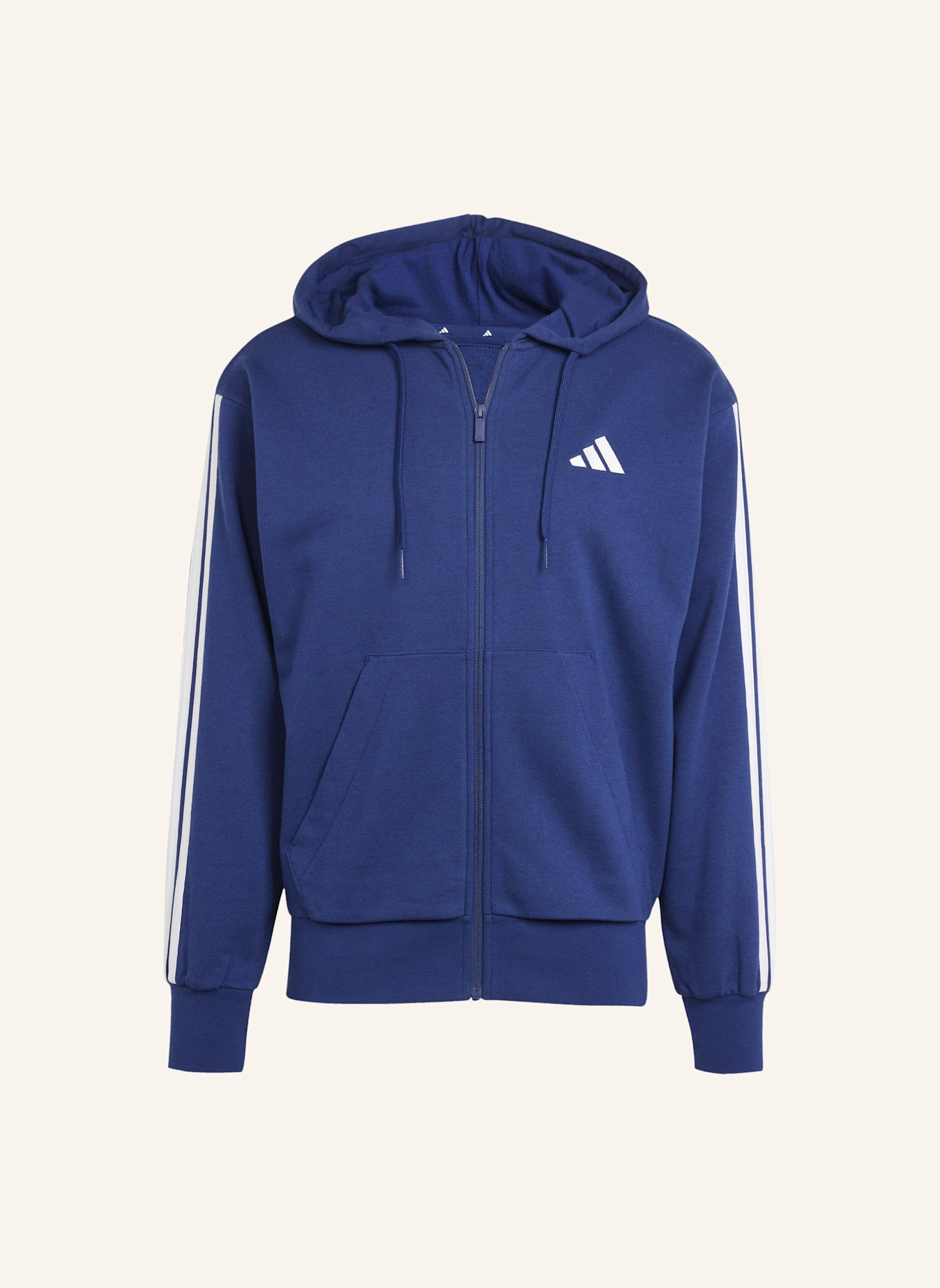 adidas ESSENTIALS 3-STREIFEN FRENCH TERRY KAPUZENJACKE: BLAU/ WEISS