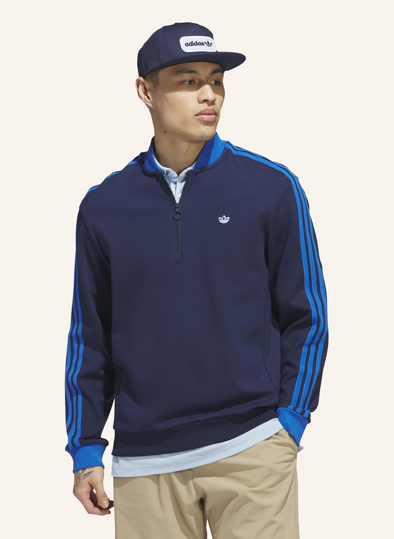 adidas ORIGINALS 3-STREIFEN 1/4 ZIP SWEATSHIRT: BLAU