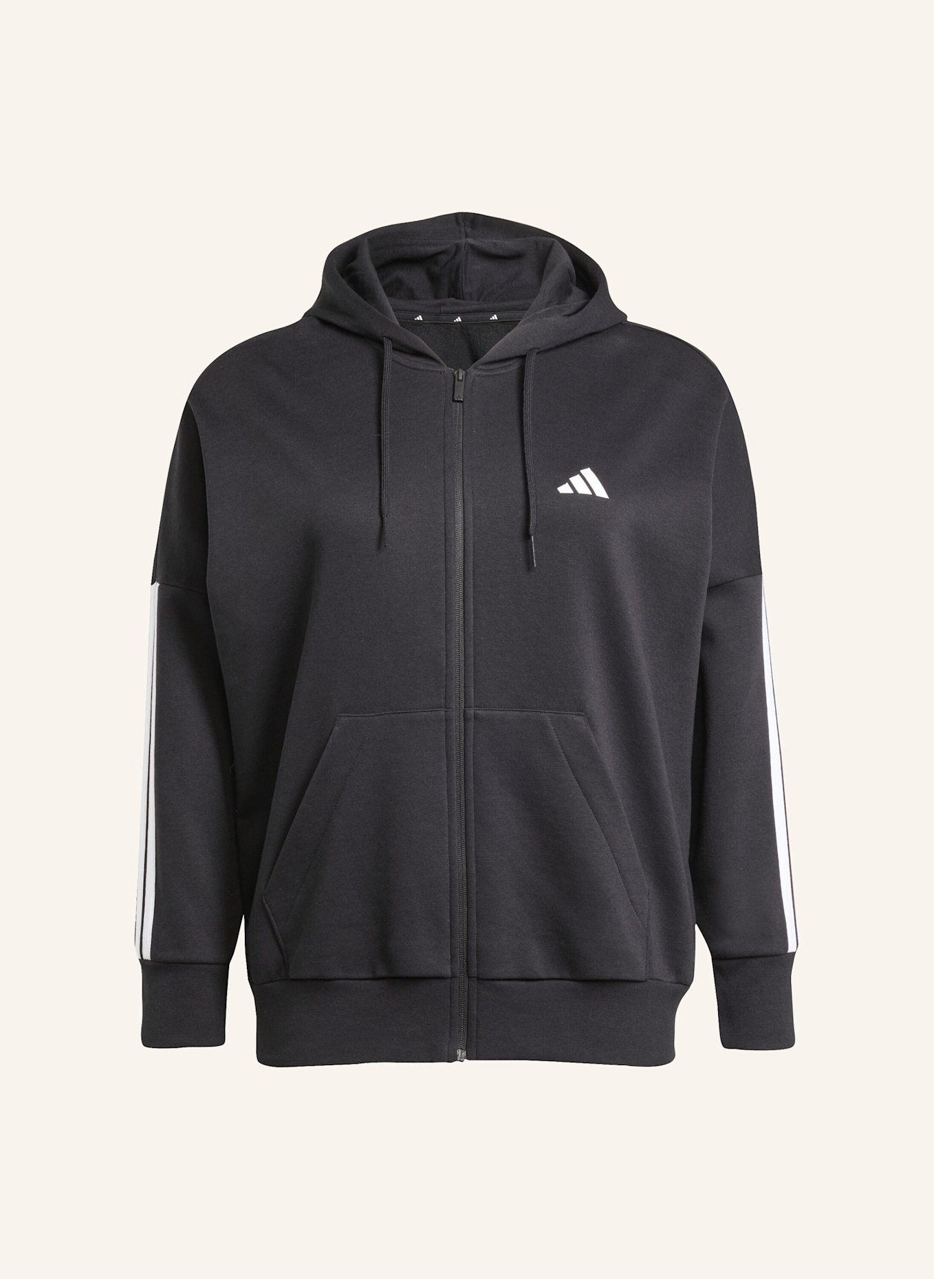 adidas ESSENTIALS 3-STREIFEN FULL-ZIP FLEECE KAPUZENJACKE (GROSSE GRÖSSEN): SCHWARZ/ WEISS