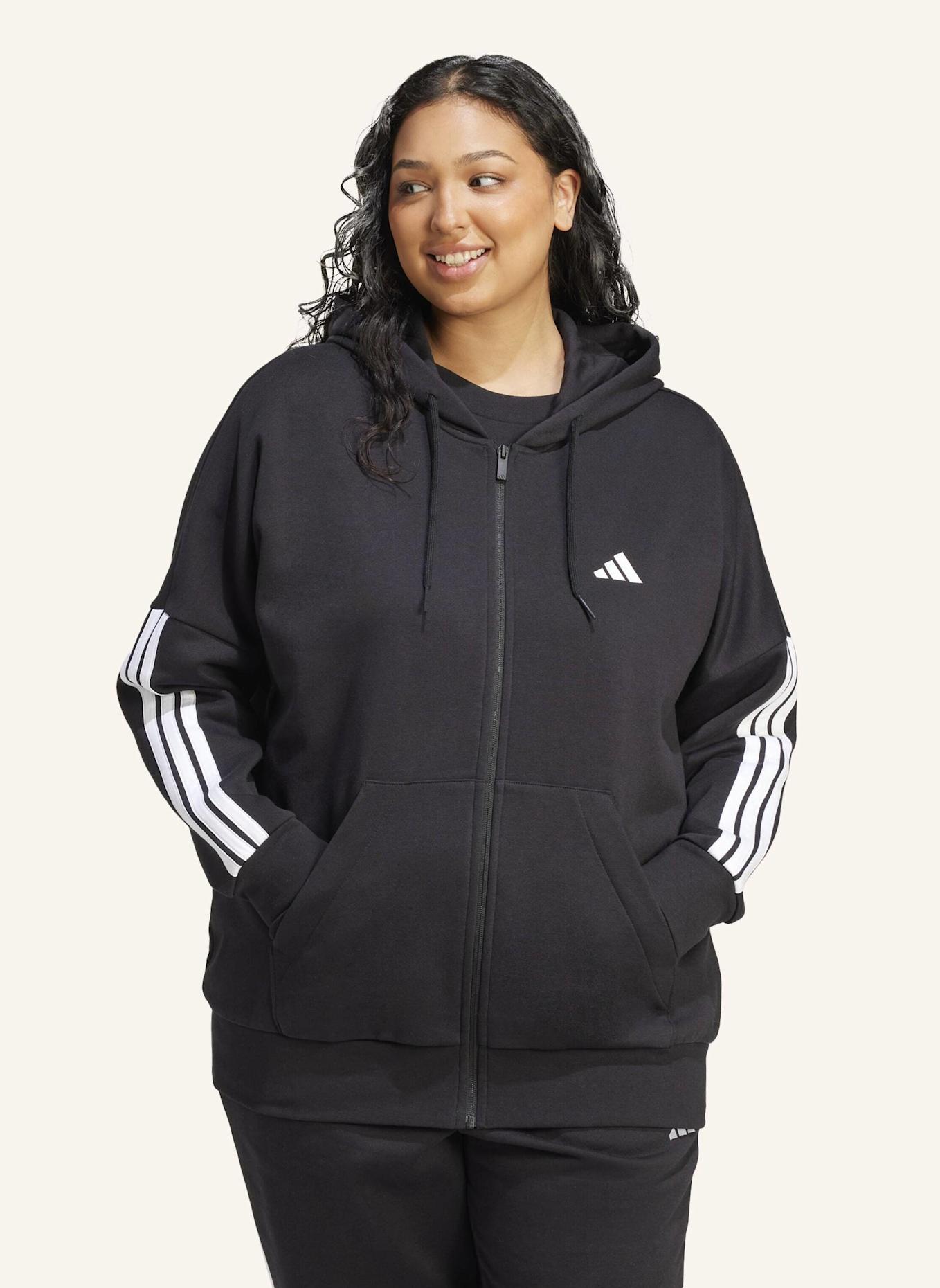 adidas ESSENTIALS 3-STREIFEN FULL-ZIP FLEECE KAPUZENJACKE (GROSSE GRÖSSEN): SCHWARZ/ WEISS