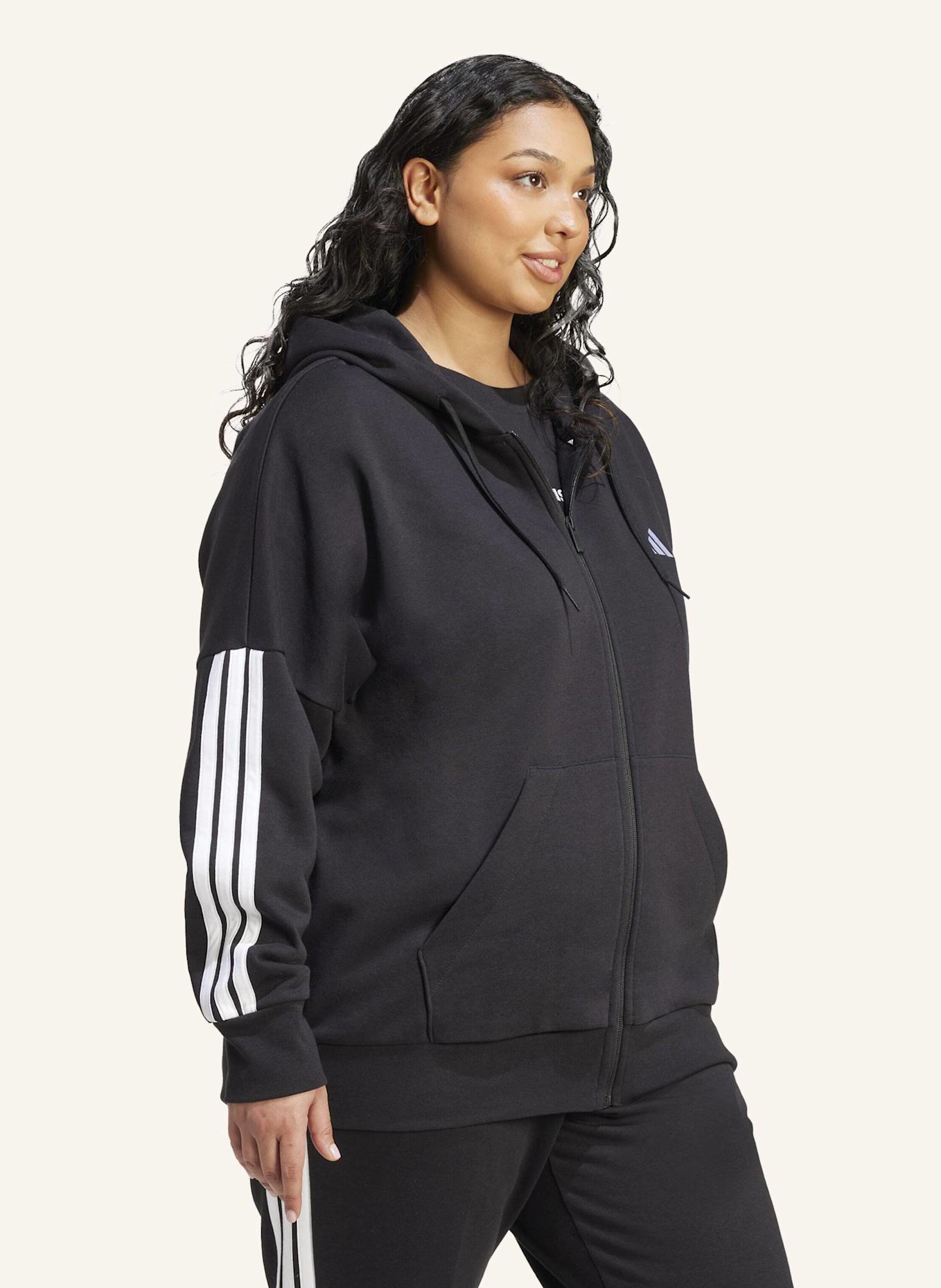 adidas ESSENTIALS 3-STREIFEN FULL-ZIP FLEECE KAPUZENJACKE (GROSSE GRÖSSEN): SCHWARZ/ WEISS
