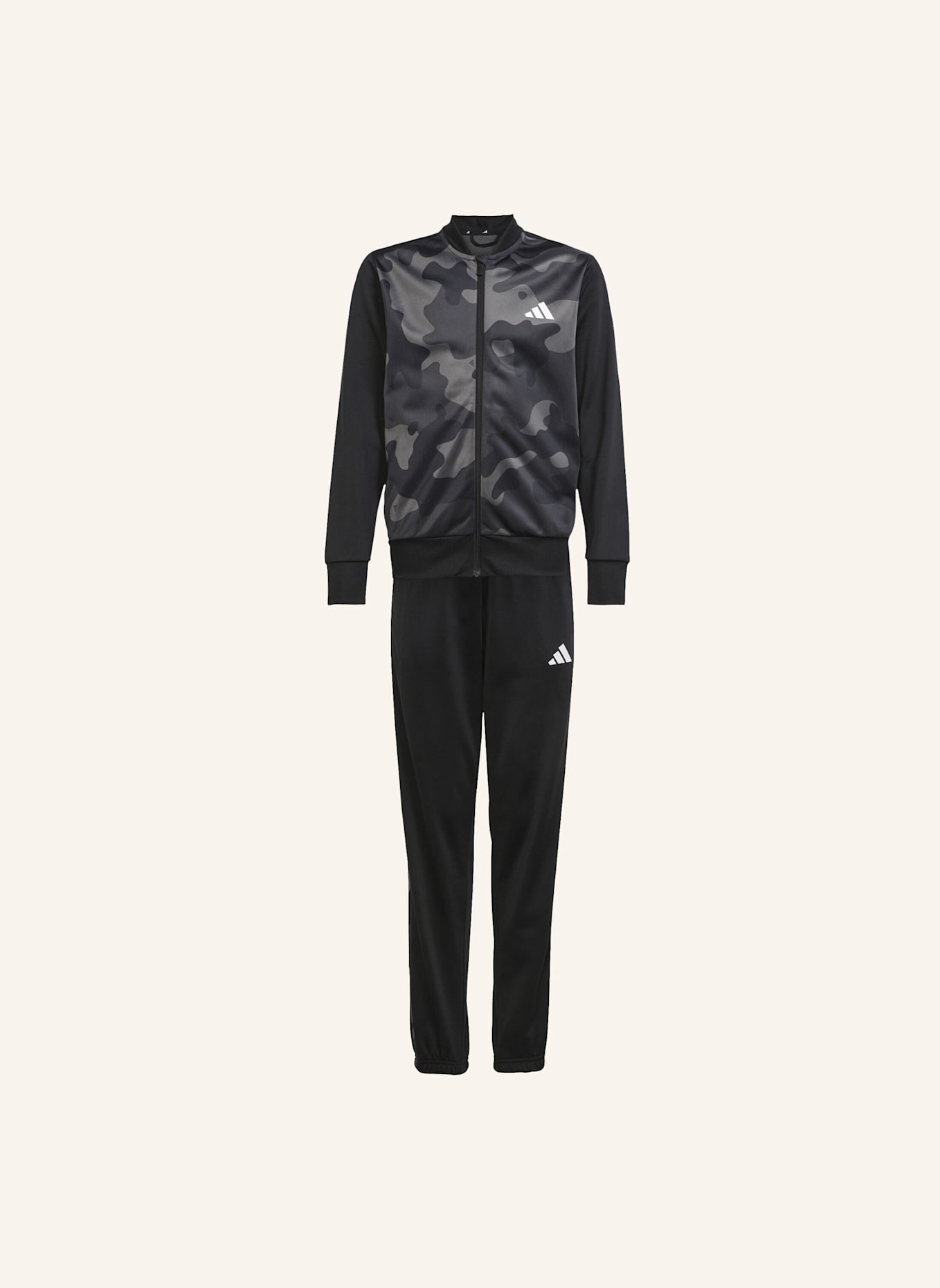 adidas SEASONAL ESSENTIAL CAMOUFLAGE TRICOT 3-STRIPES ALL OVER PRINTED KIDS TRAININGSANZUG: SCHWARZ/ WEISS