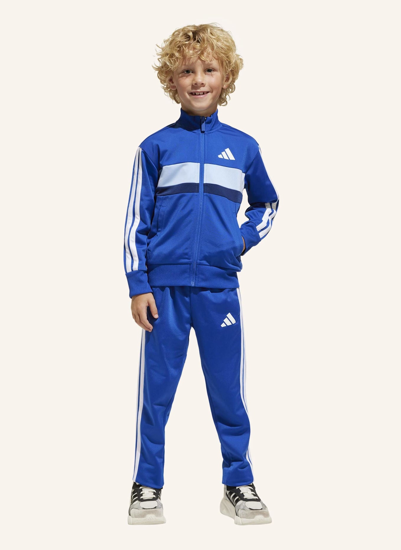 adidas SEASONAL ESSENTIALS TIBERIO 3-STREIFEN TRICOT KIDS TRAININGSANZUG: BLAU/ WEISS