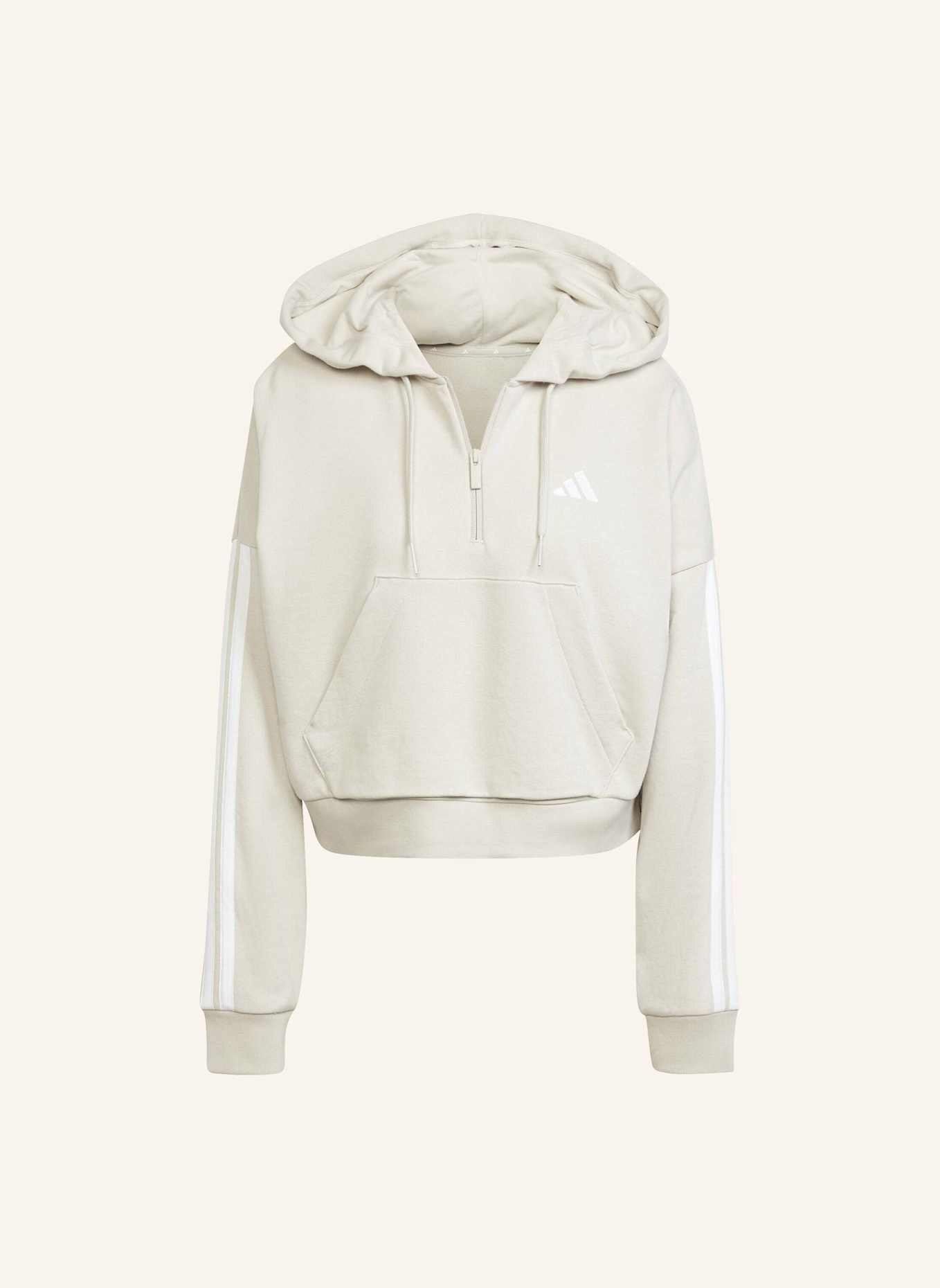adidas ESSENTIALS 3-STREIFEN FRENCH TERRY QUARTER-ZIP HOODIE: BEIGE/ WEISS