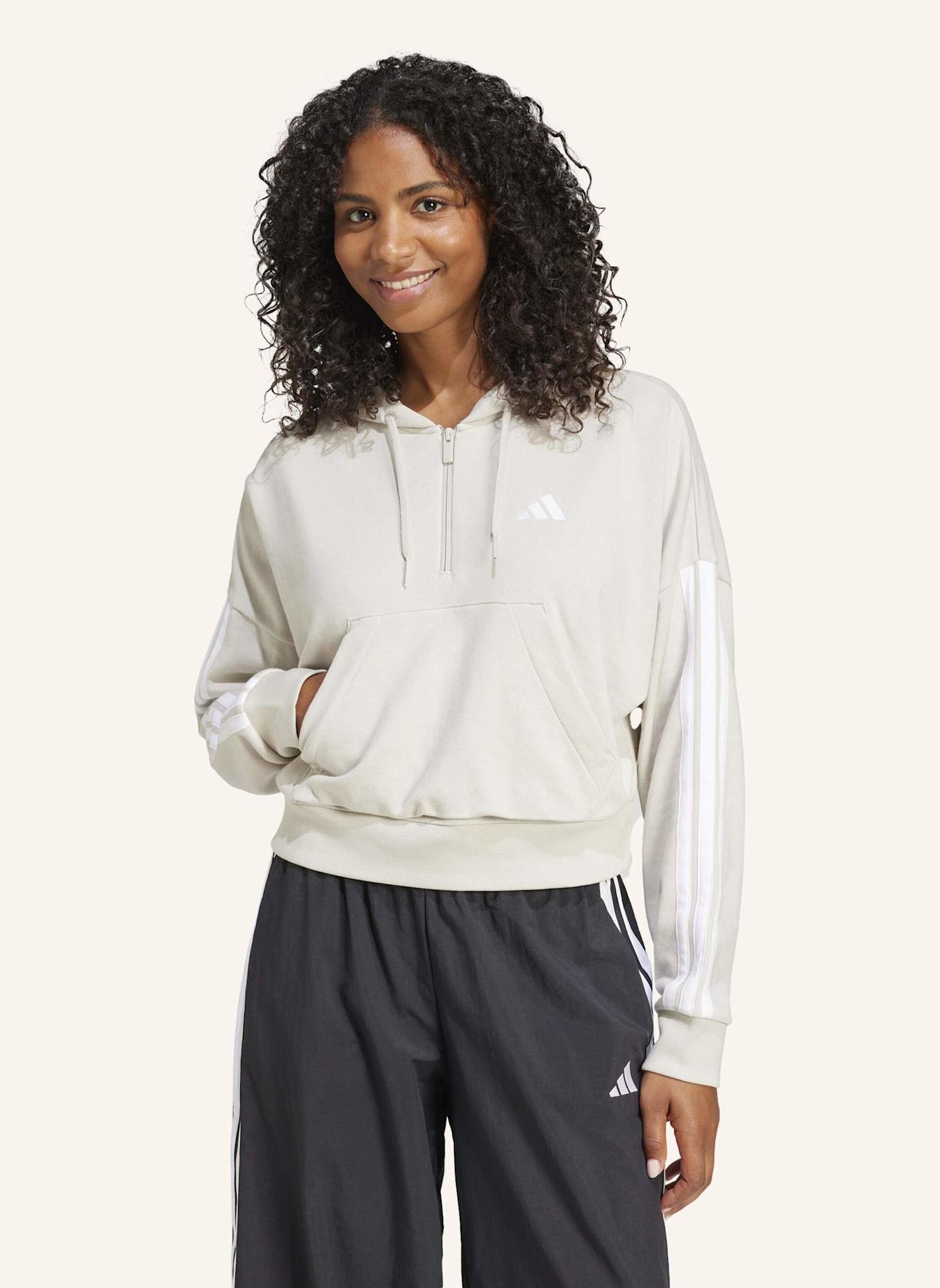 adidas ESSENTIALS 3-STREIFEN FRENCH TERRY QUARTER-ZIP HOODIE: BEIGE/ WEISS