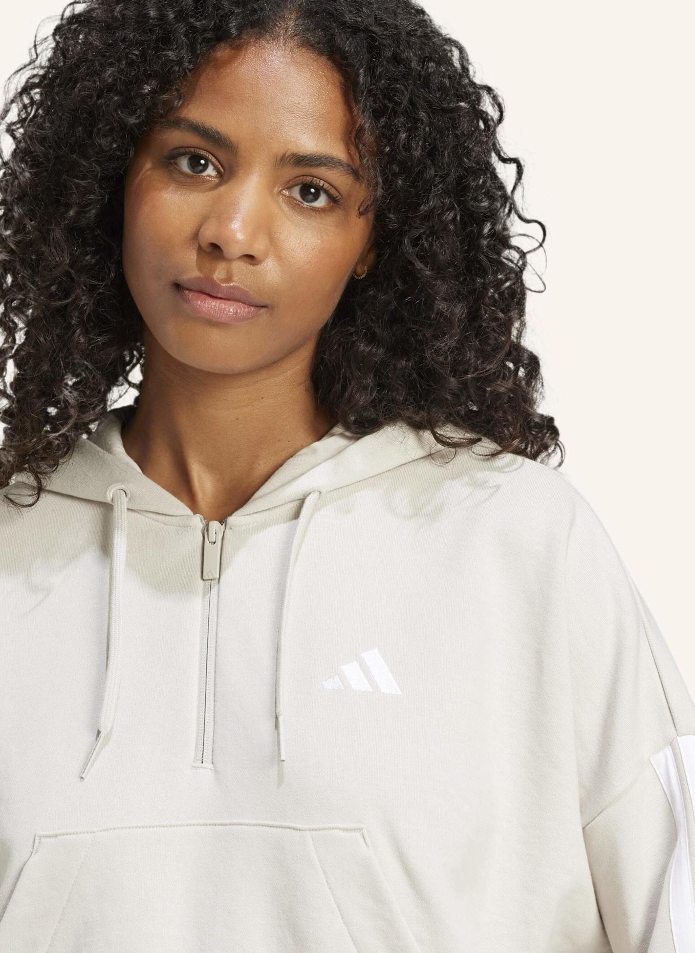 adidas ESSENTIALS 3-STREIFEN FRENCH TERRY QUARTER-ZIP HOODIE: BEIGE/ WEISS
