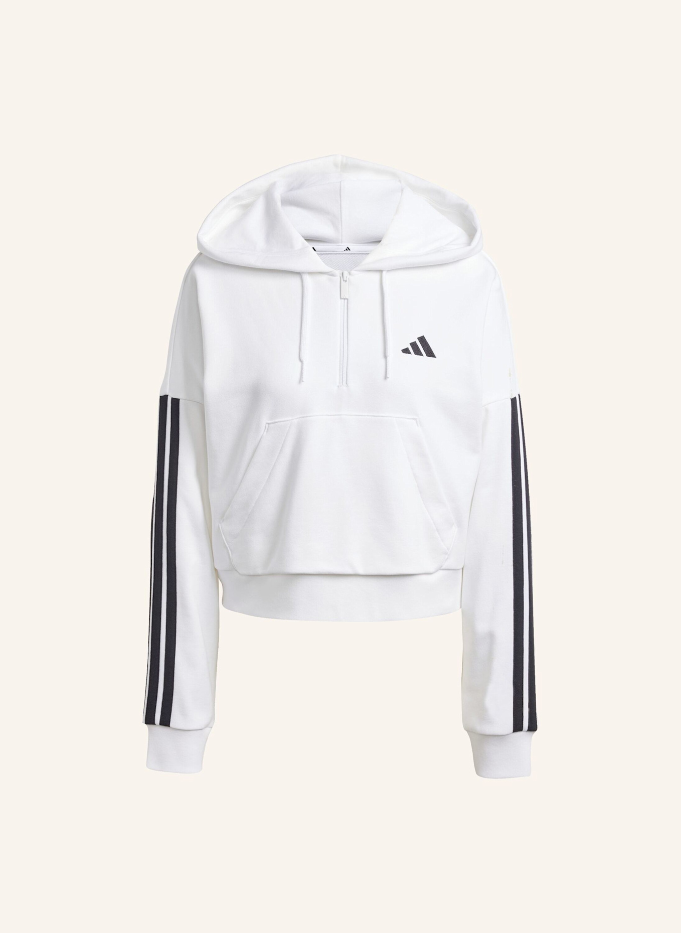 adidas ESSENTIALS 3-STREIFEN FRENCH TERRY QUARTER-ZIP HOODIE: WEISS/ SCHWARZ