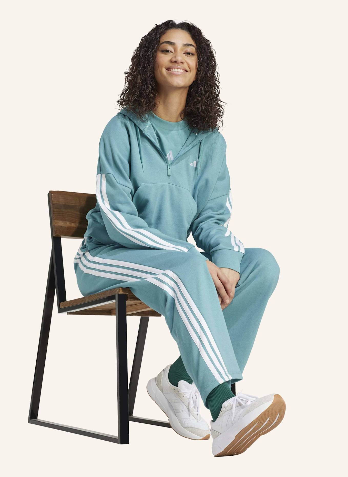 adidas ESSENTIALS 3-STREIFEN FRENCH TERRY QUARTER-ZIP HOODIE: TÜRKIS/ WEISS