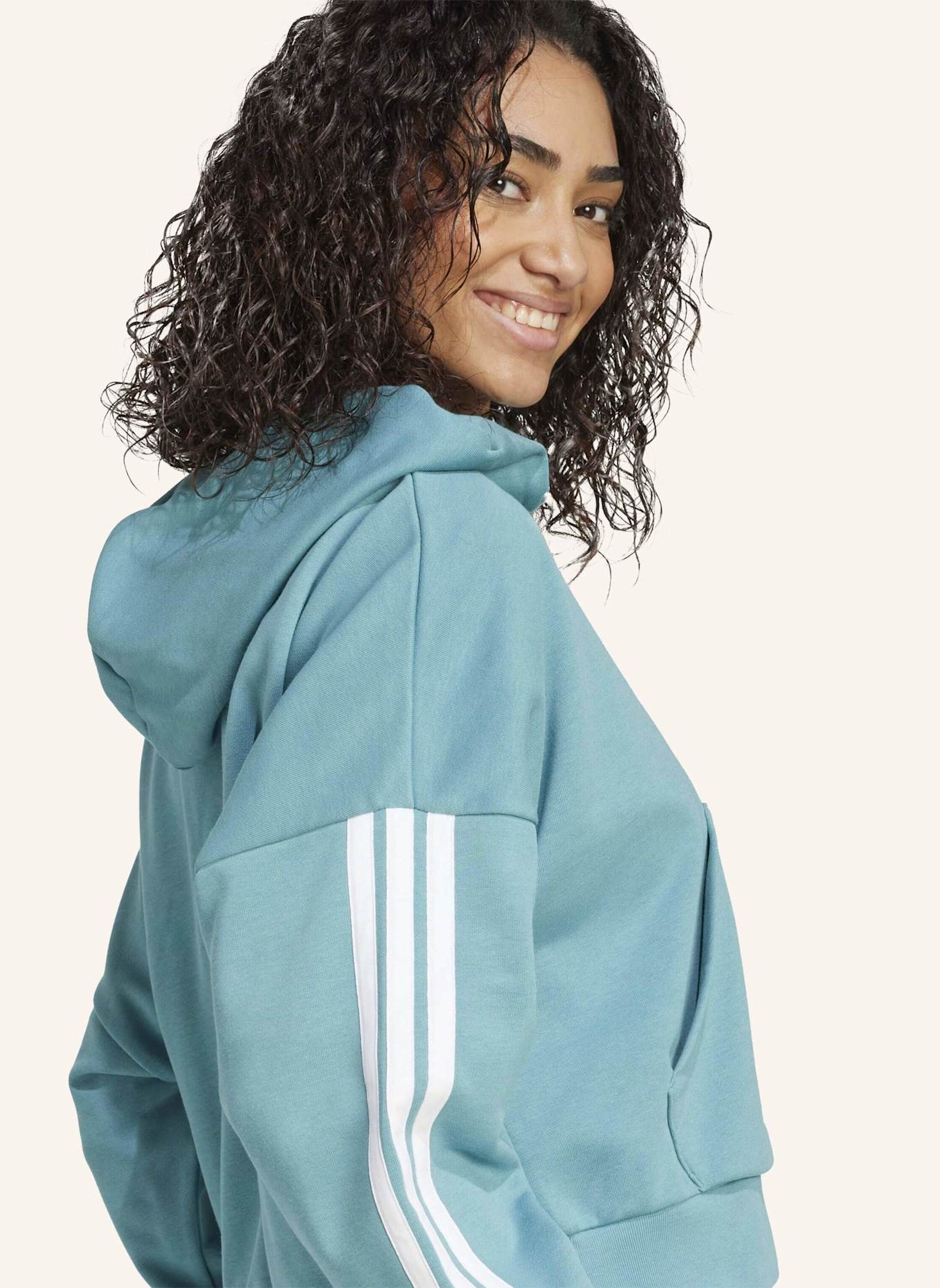 adidas ESSENTIALS 3-STREIFEN FRENCH TERRY QUARTER-ZIP HOODIE: TÜRKIS/ WEISS