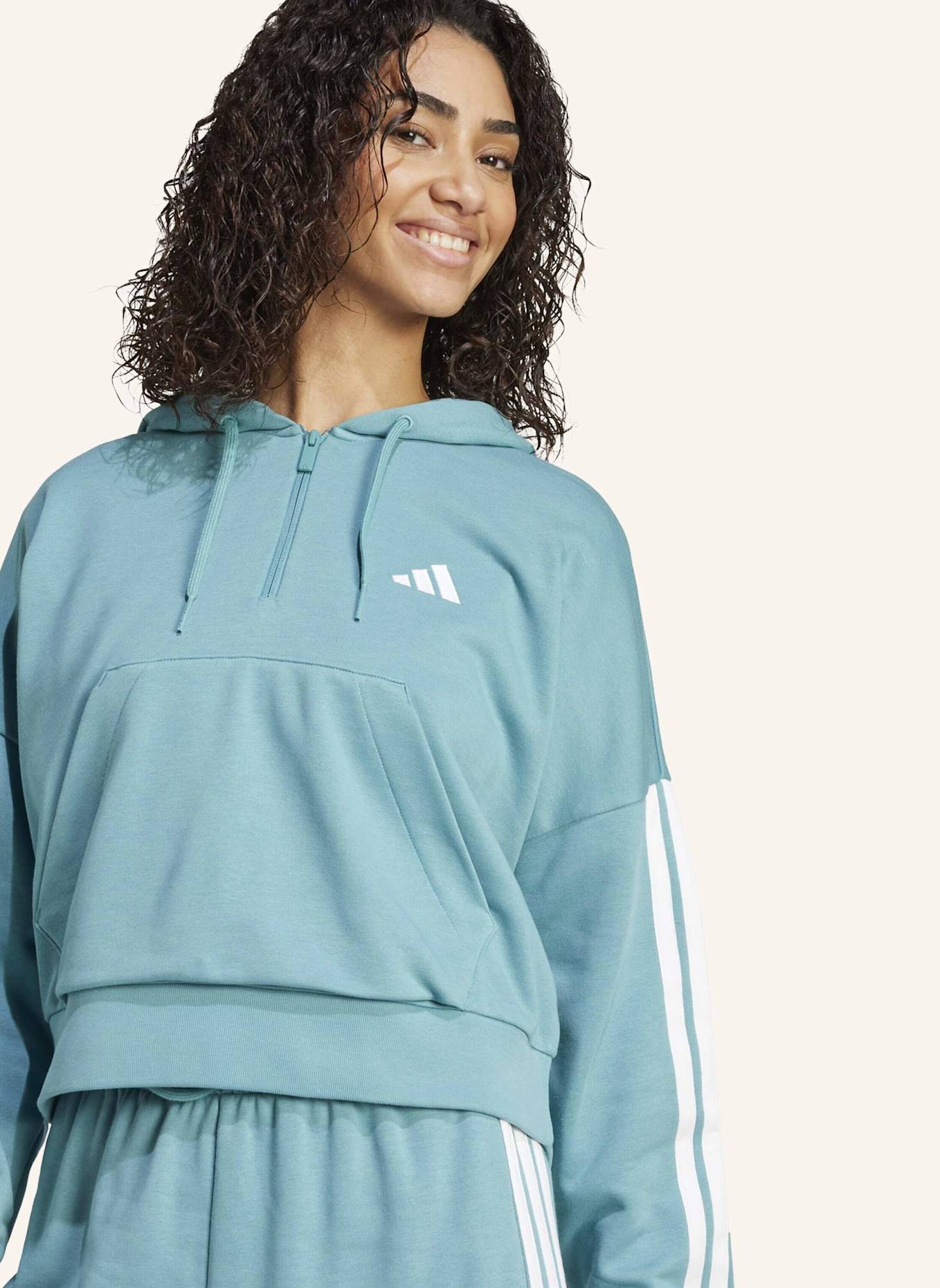 adidas ESSENTIALS 3-STREIFEN FRENCH TERRY QUARTER-ZIP HOODIE: TÜRKIS/ WEISS