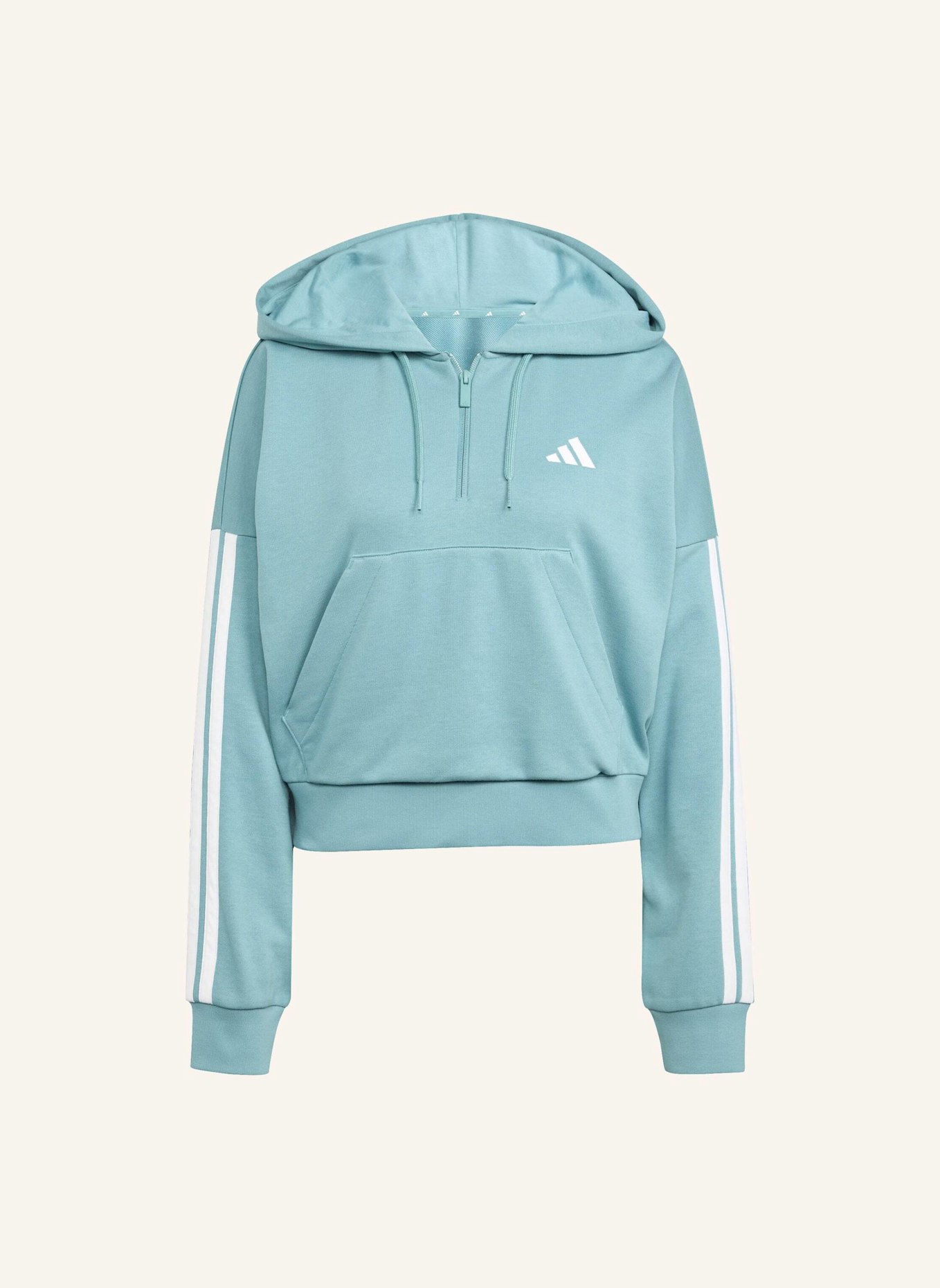 adidas ESSENTIALS 3-STREIFEN FRENCH TERRY QUARTER-ZIP HOODIE: TÜRKIS/ WEISS
