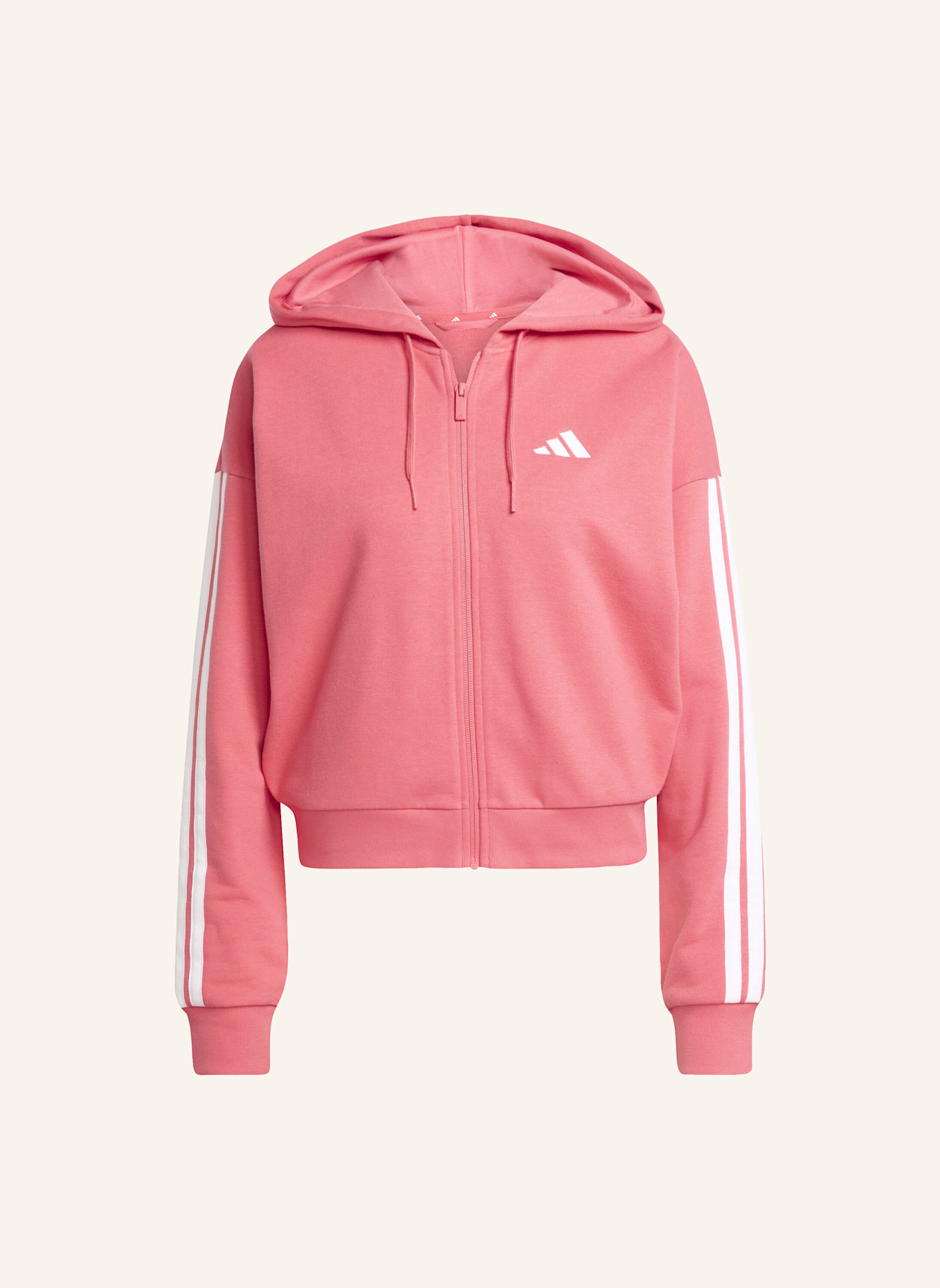 adidas ESSENTIALS 3-STREIFEN FRENCH TERRY KAPUZENJACKE: ROT/ WEISS