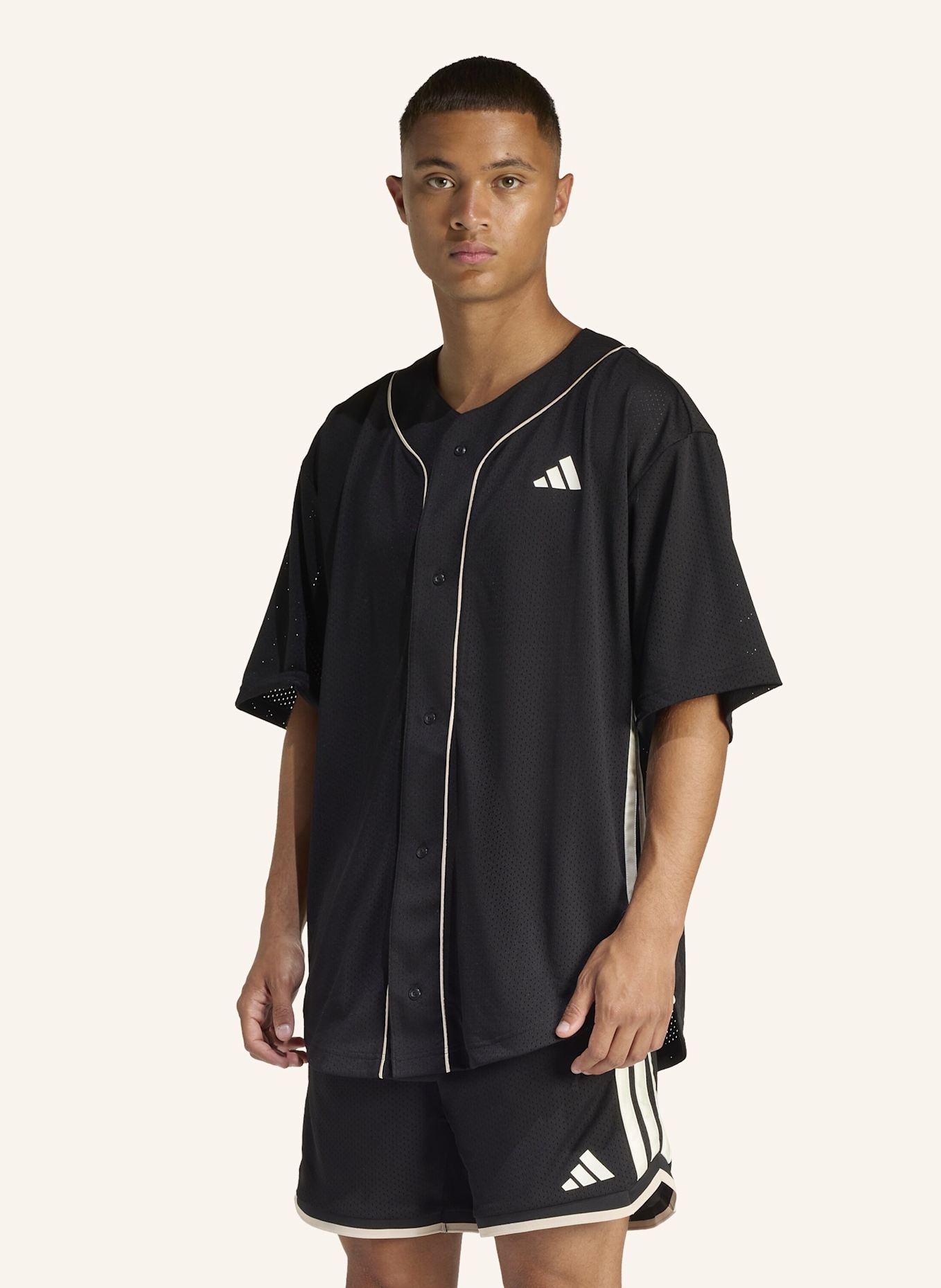 adidas STADIUM MESH BASEBALLSHIRT: SCHWARZ/ BEIGE/ WEISS