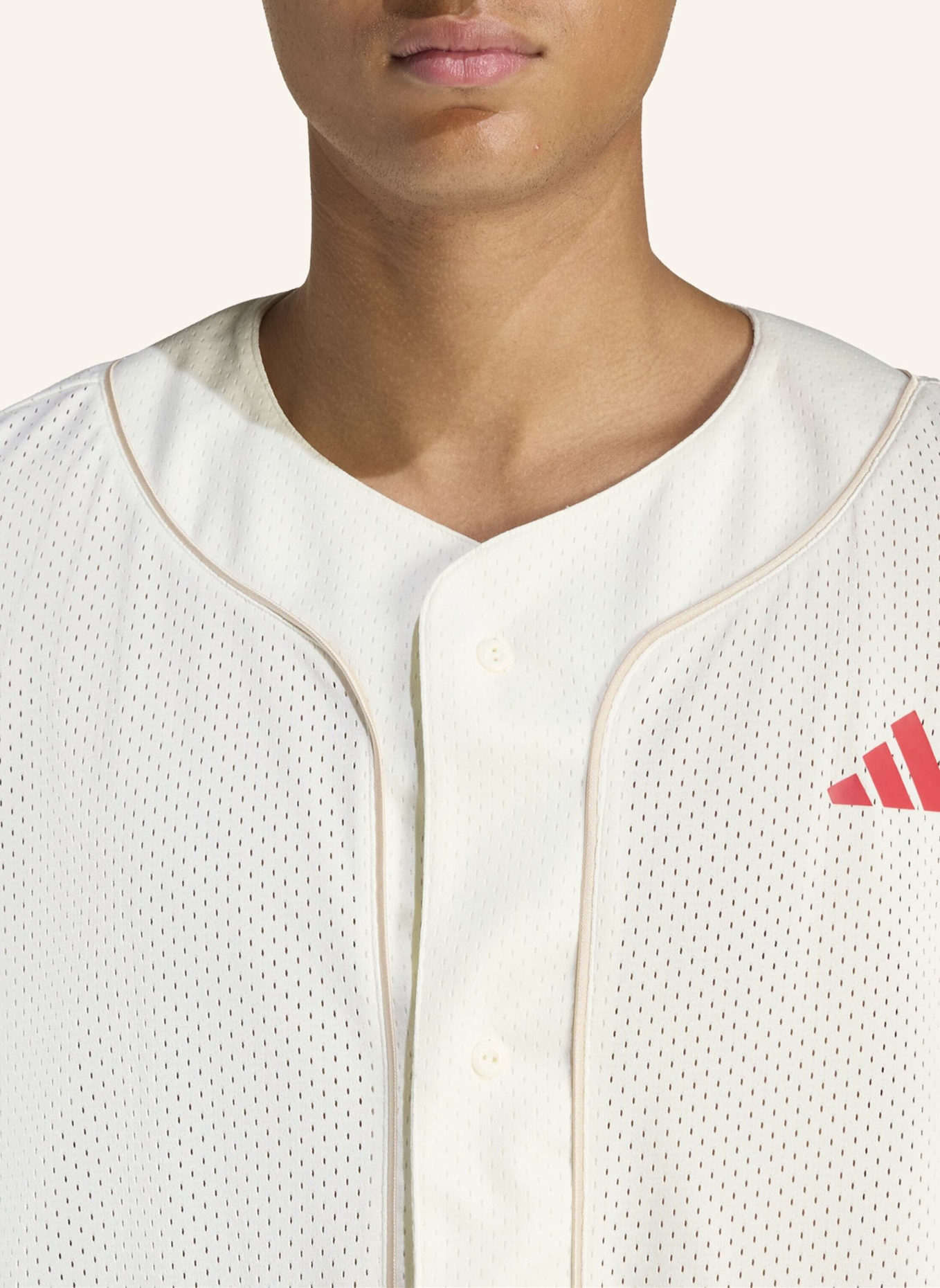 adidas STADIUM MESH BASEBALLSHIRT: WEISS/ BEIGE/ ROT