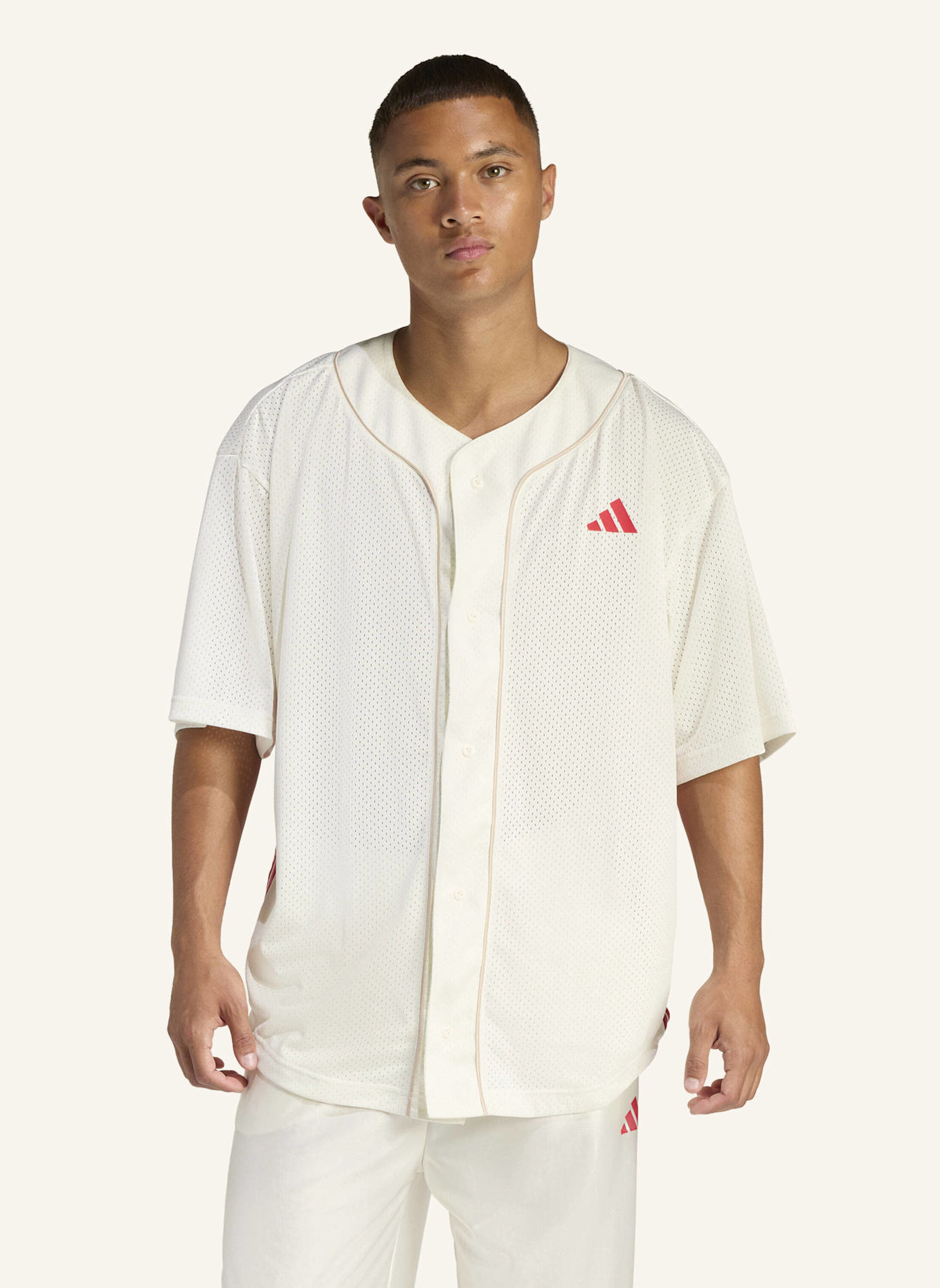 adidas STADIUM MESH BASEBALLSHIRT: WEISS/ BEIGE/ ROT