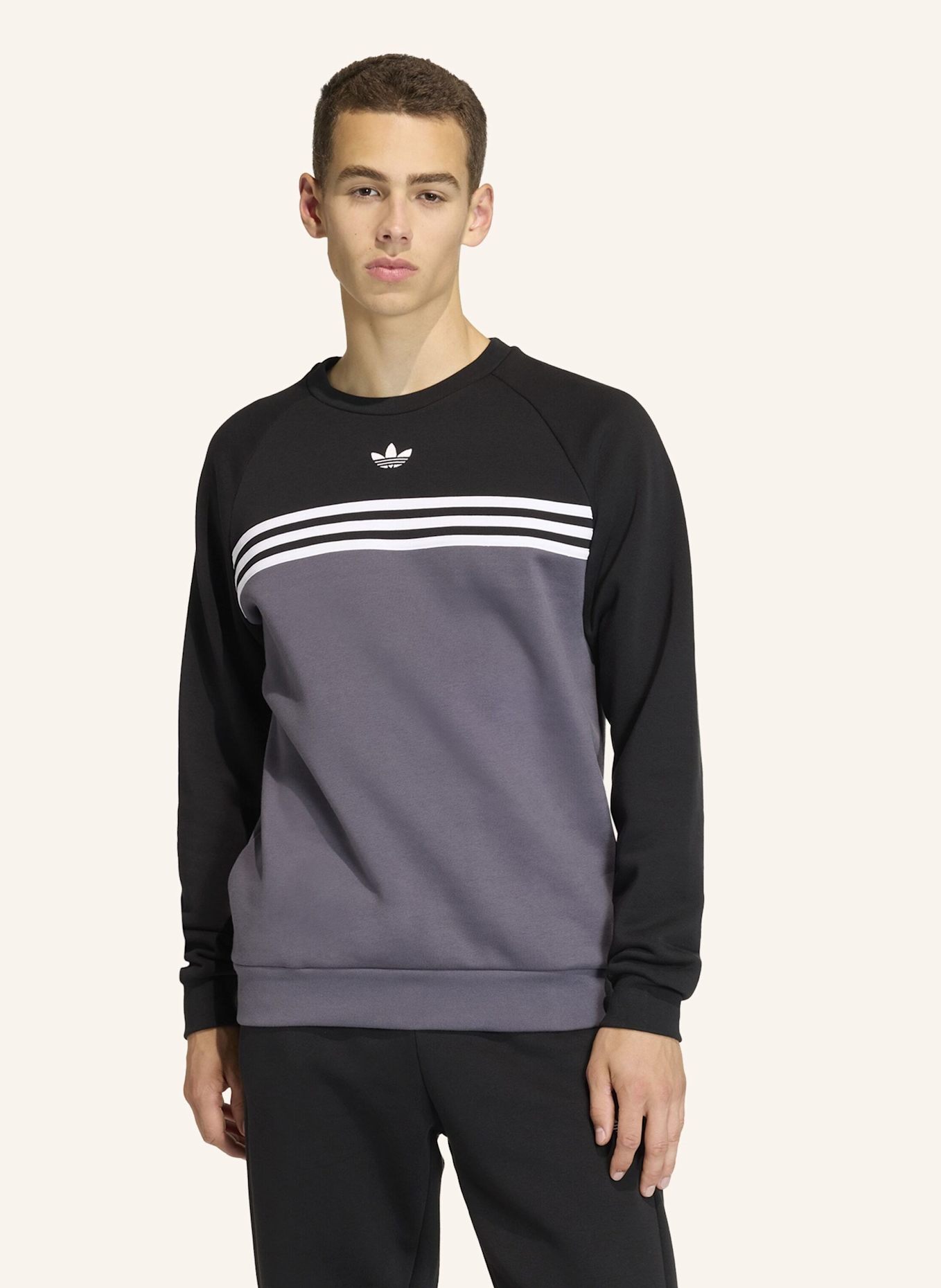 adidas Originals CHEST STRIPES CREWNECK SWEATSHIRT: GRAU/ SCHWARZ