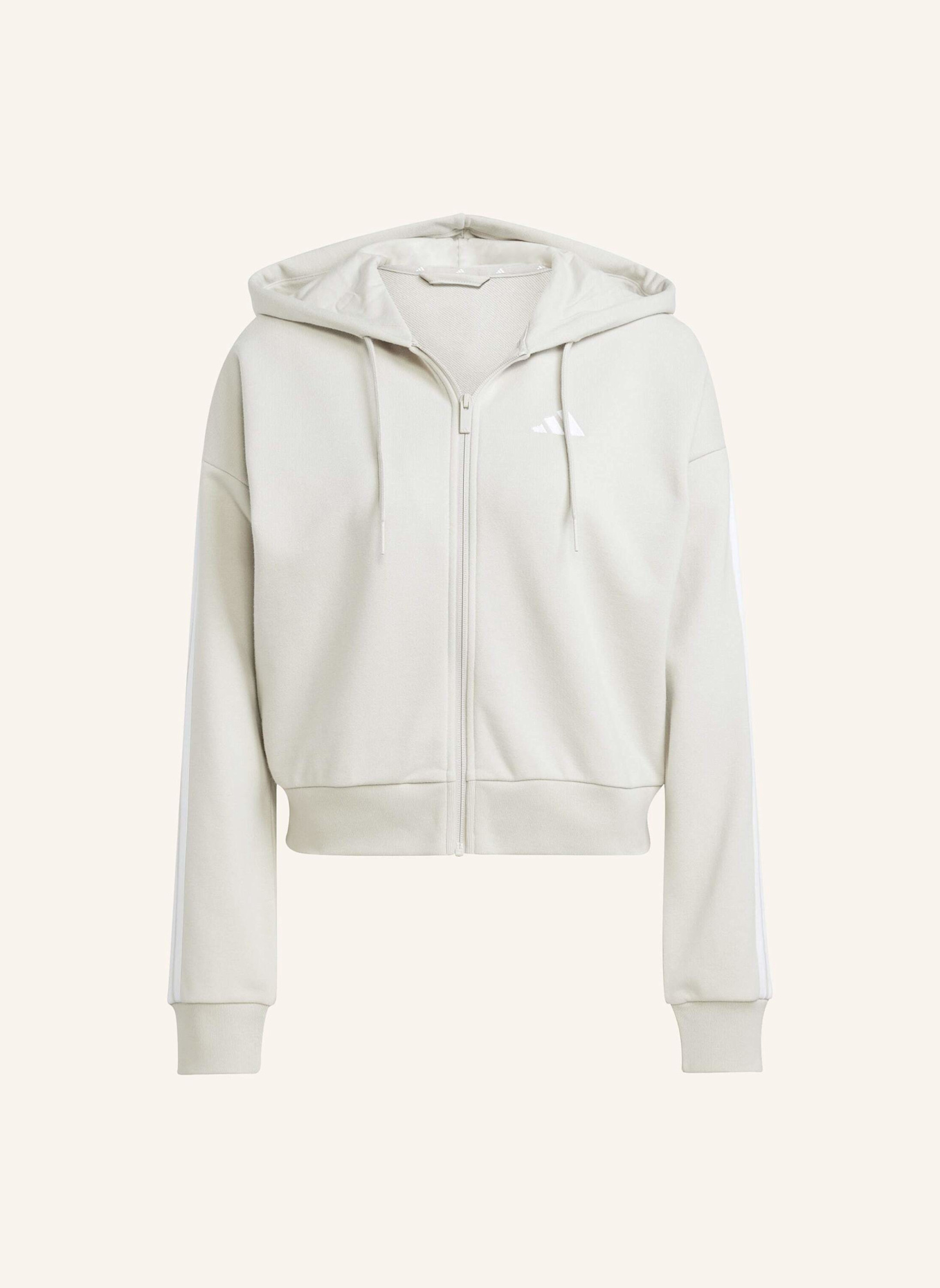 adidas ESSENTIALS 3-STREIFEN FRENCH TERRY KAPUZENJACKE: BEIGE/ WEISS