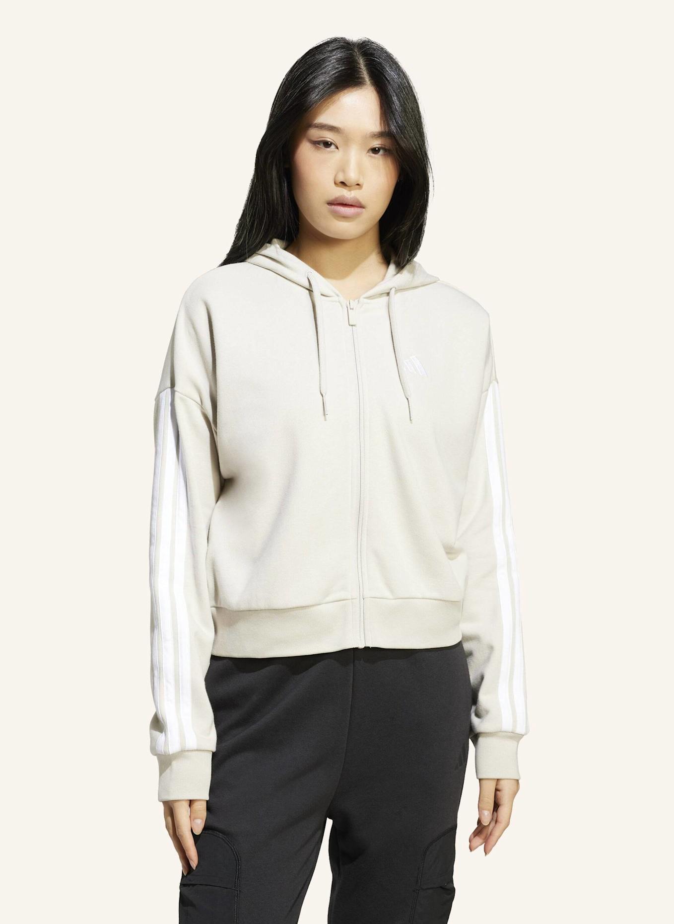 adidas ESSENTIALS 3-STREIFEN FRENCH TERRY KAPUZENJACKE: BEIGE/ WEISS