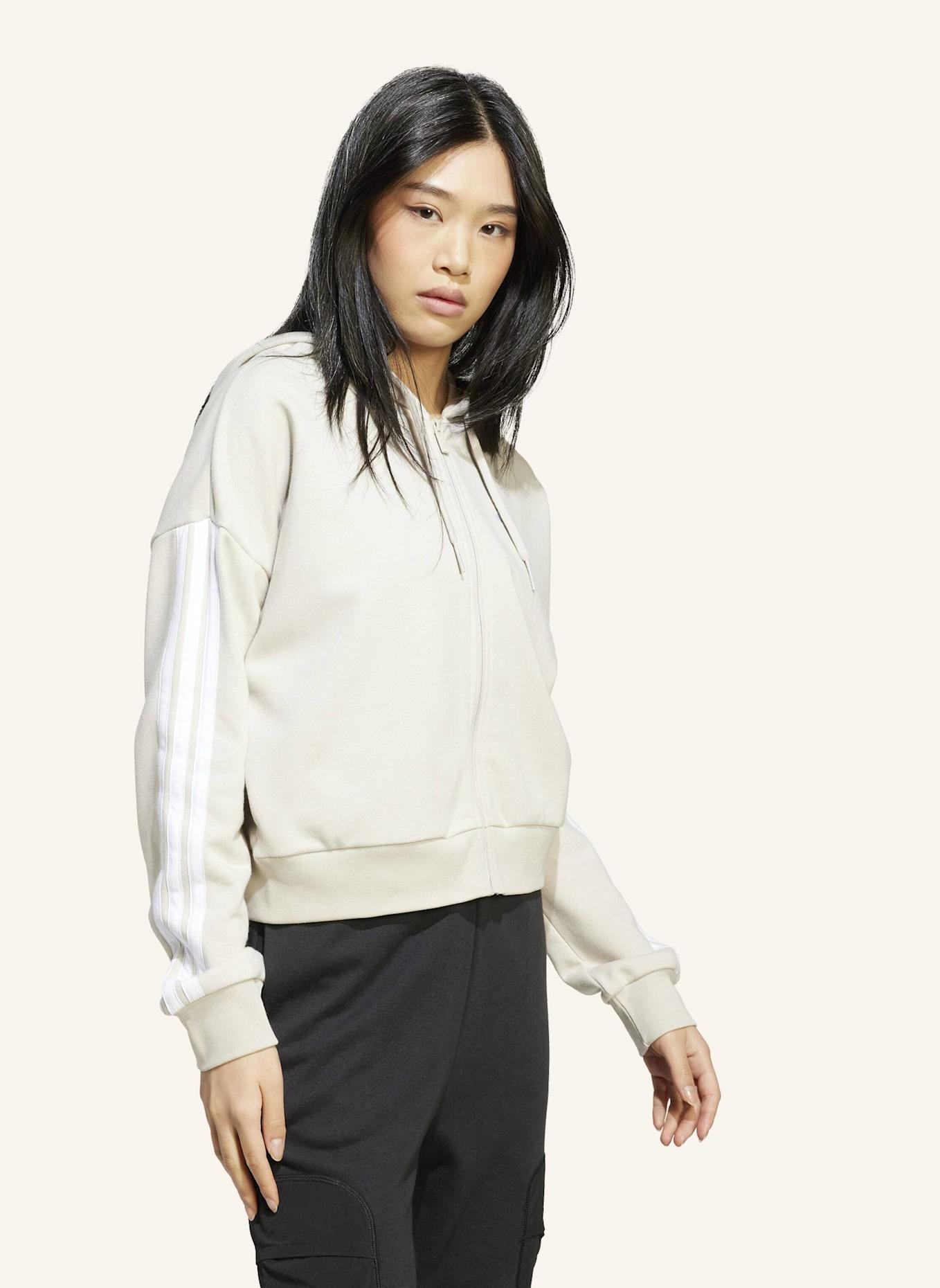 adidas ESSENTIALS 3-STREIFEN FRENCH TERRY KAPUZENJACKE: BEIGE/ WEISS